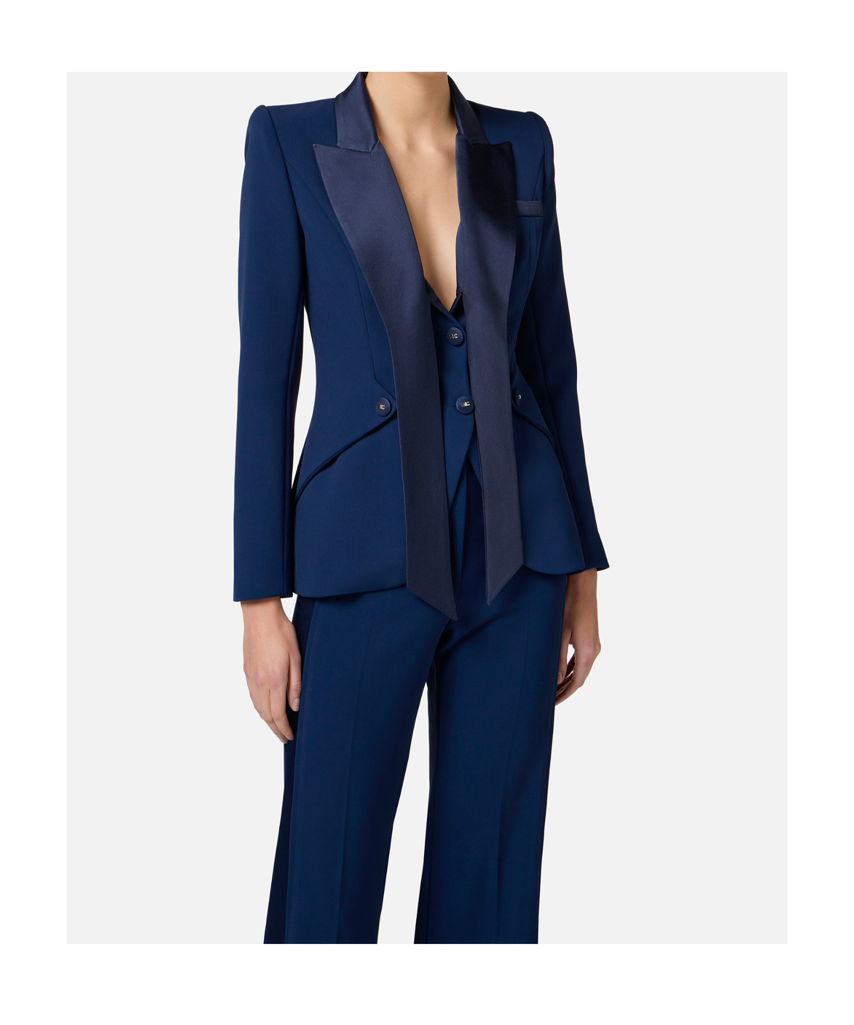 Elisabetta Franchi Satin Lapel Crepe Tuxedo Jacket In Blue