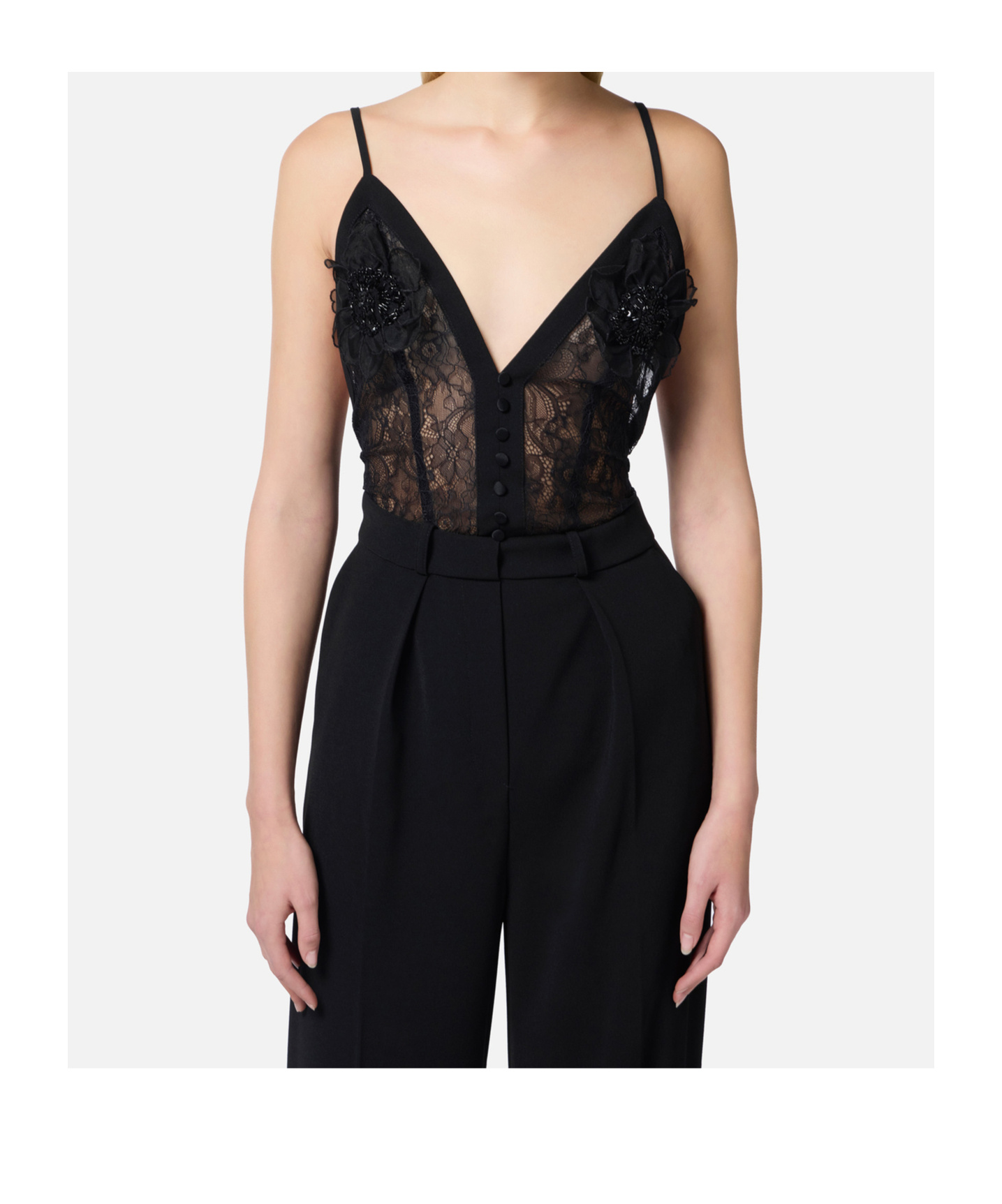 Elisabetta Franchi Black Jumpsuit With Deep Neckline And Lace Detail On The Front In Black