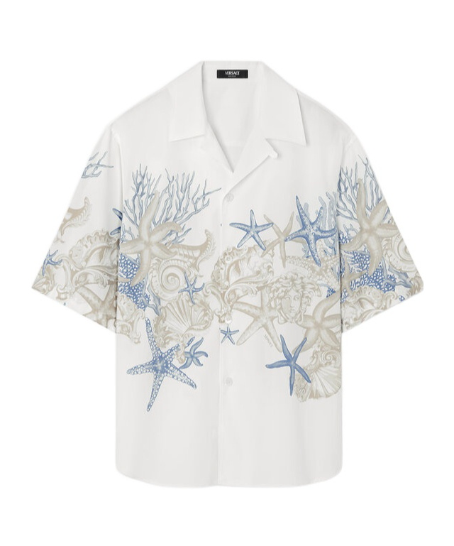 Versace Coral Print Cotton Short Sleeve Shirt In White