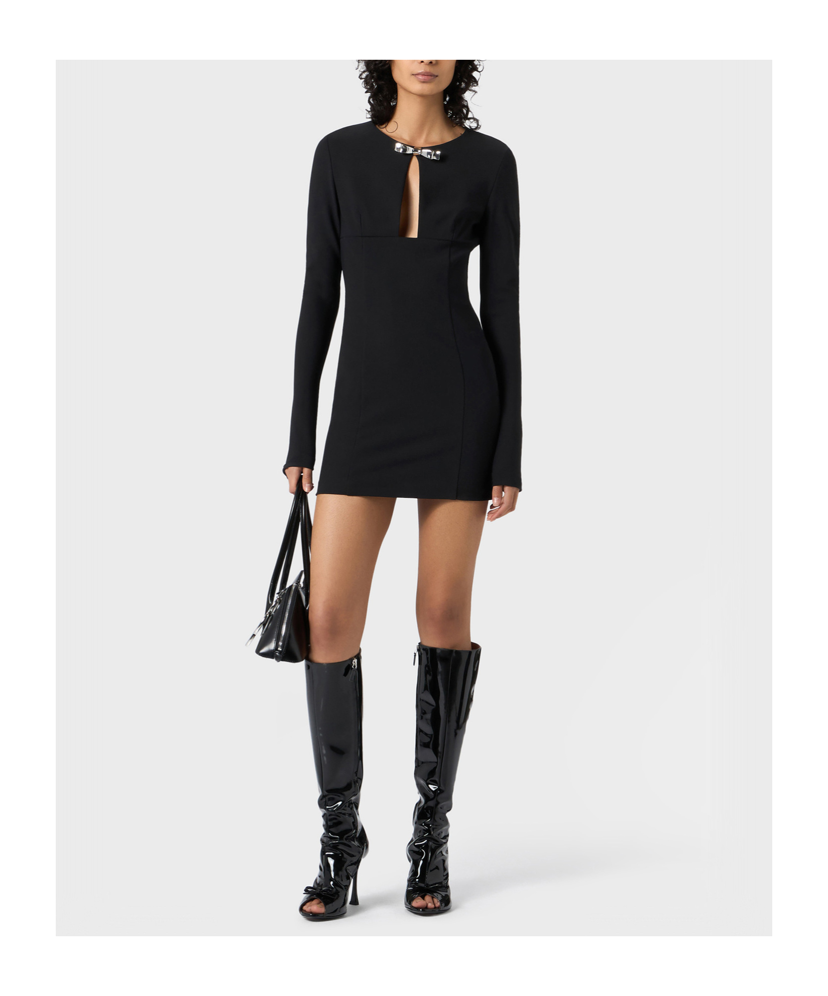 Blumarine Hollowed-out Pin Decorated Compact Knitted Dress In Black