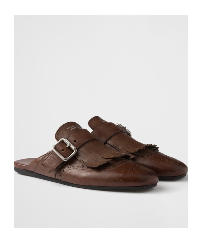 Prada Cognac Leather Shuffle Fringed Mules In Brown