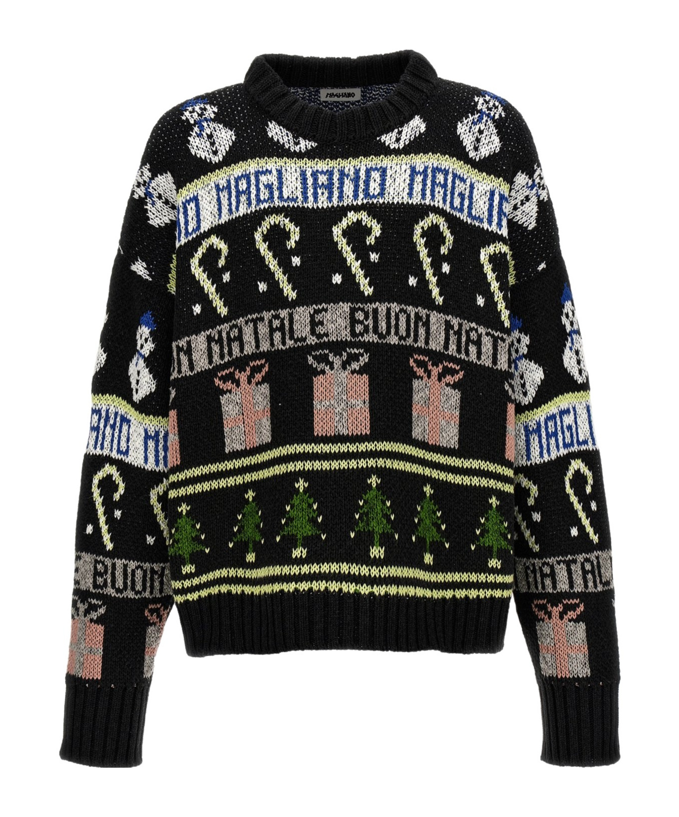Magliano Festive Crew Neck Sweater With Graphic Motifs In Black