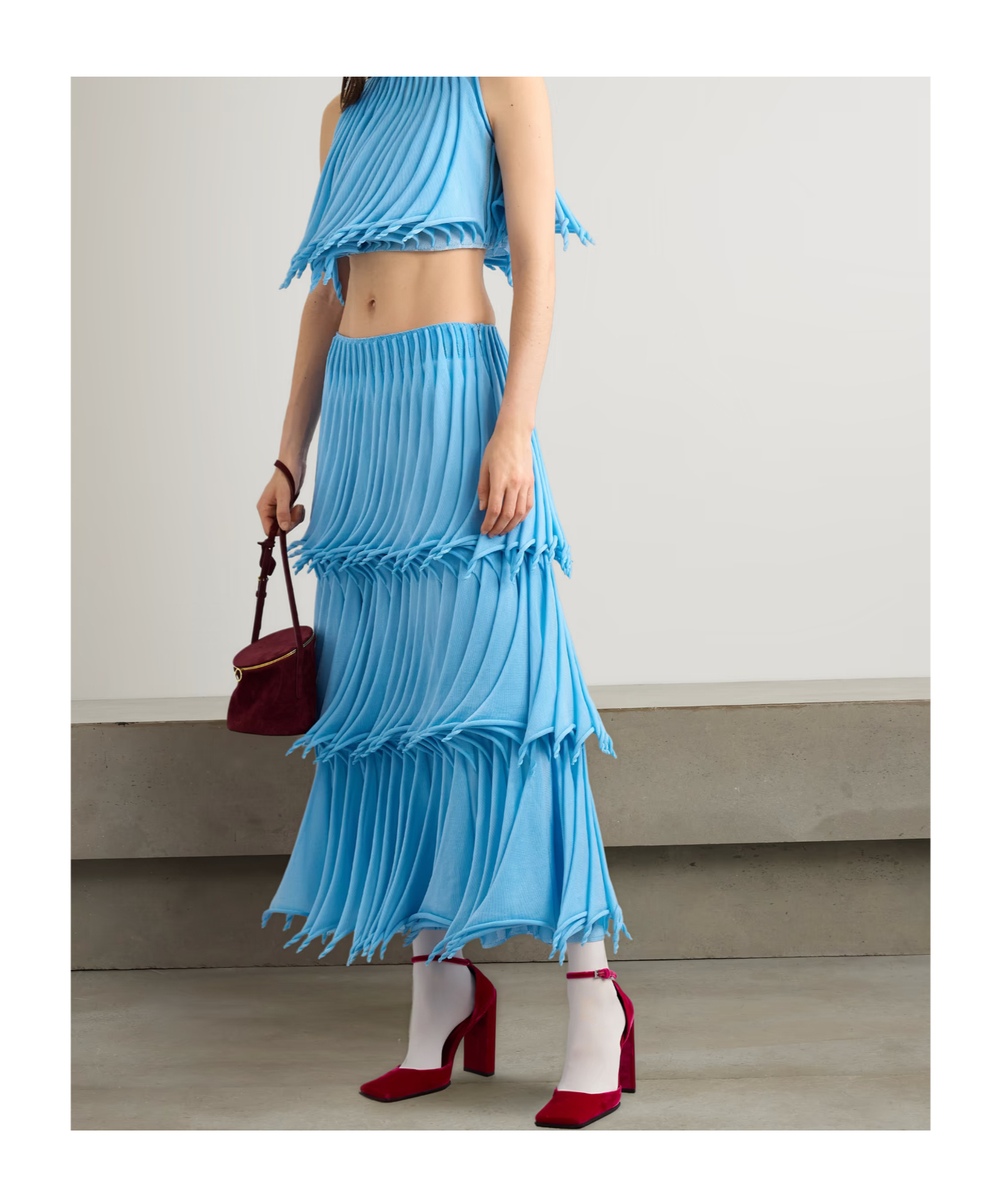 Alaïa Multi-layered Pleated Knit Midi Skirt In Blue