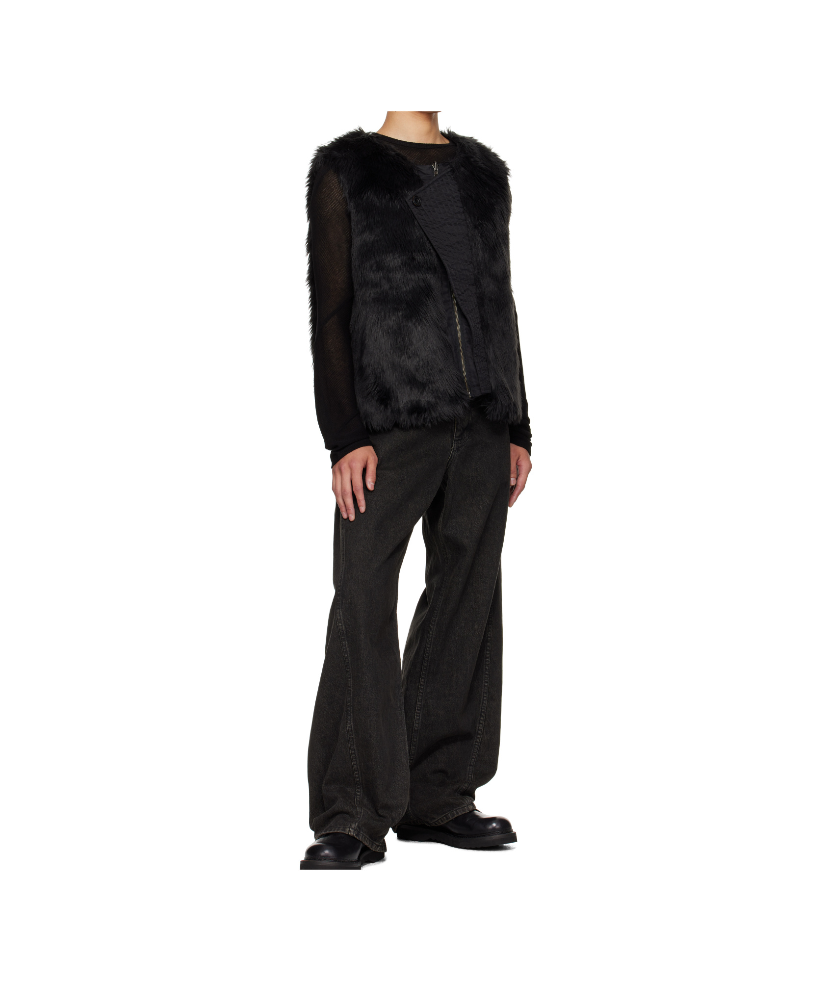 Andersson Bell Curved Placket Reversible Faux Fur Vest In Black
