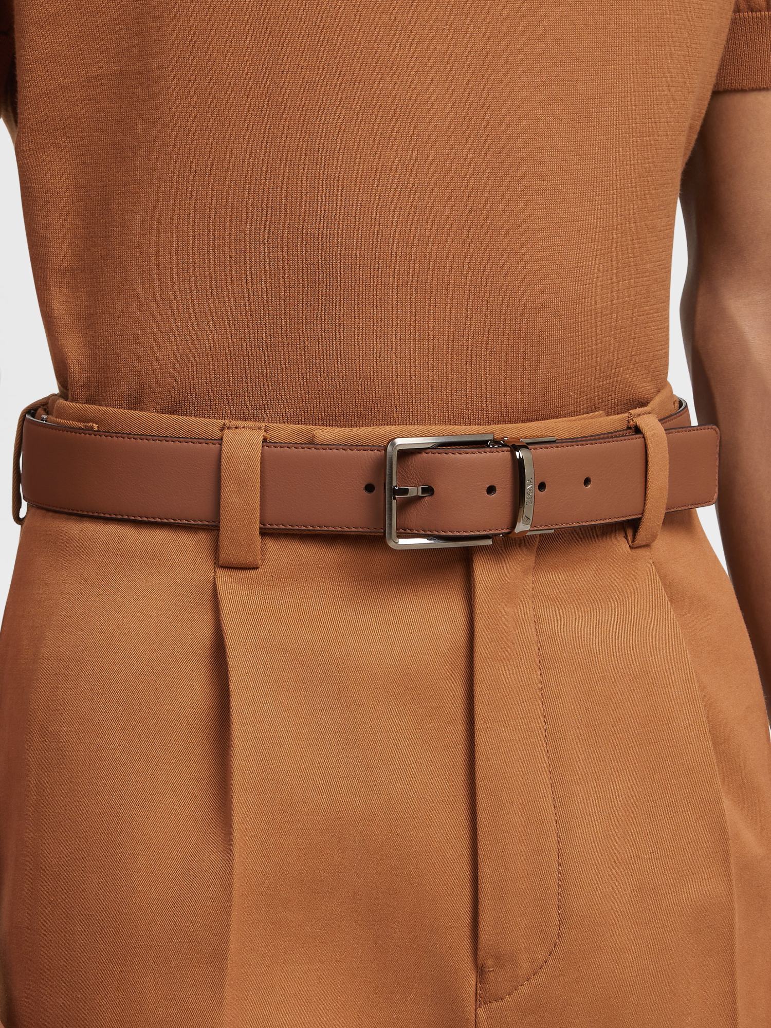 Zegna Logo Engraved Reversible Buckle Belt In Brown