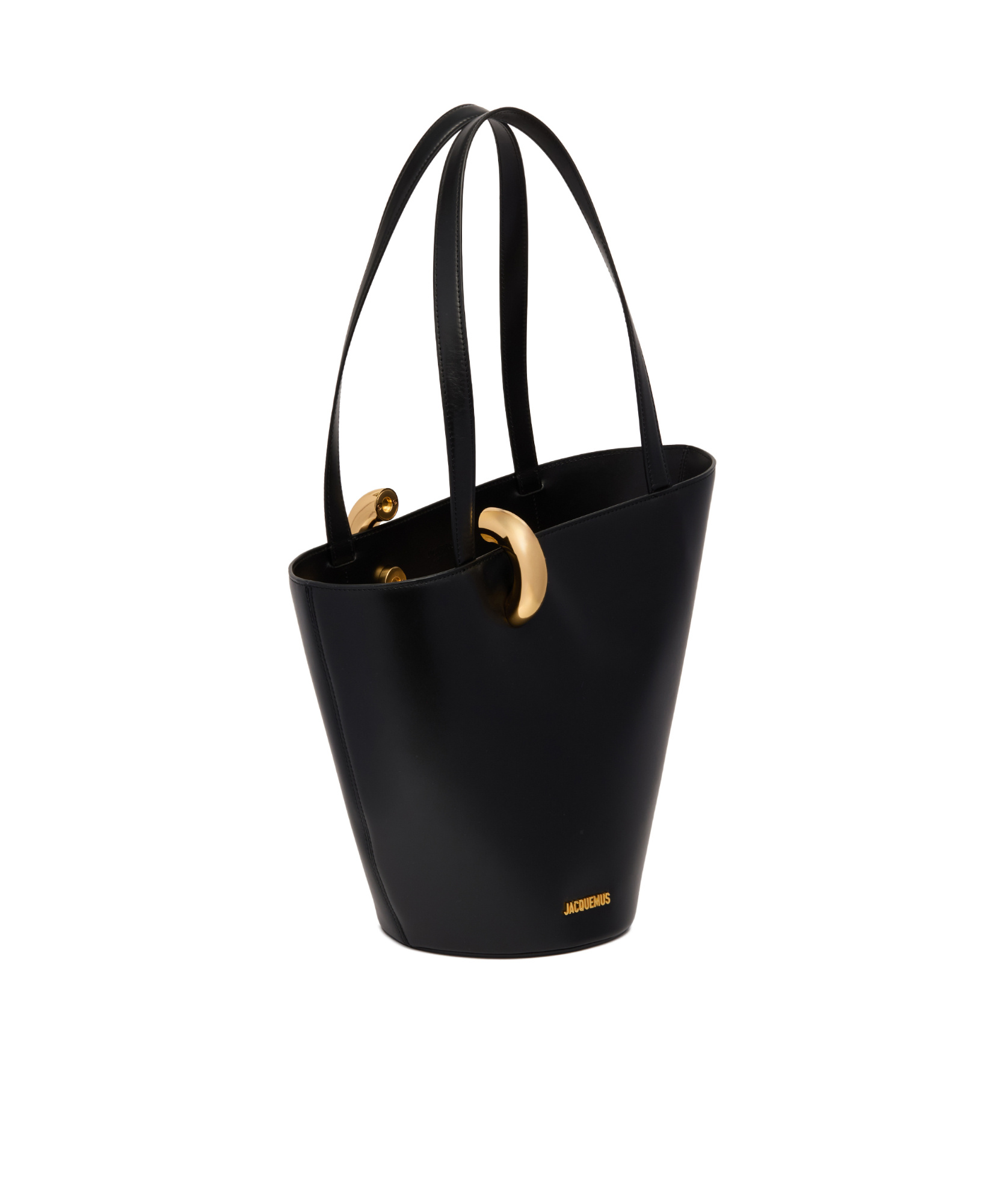 Jacquemus The Medium Bambola Asymmetric Leather Bucket Bag In Black