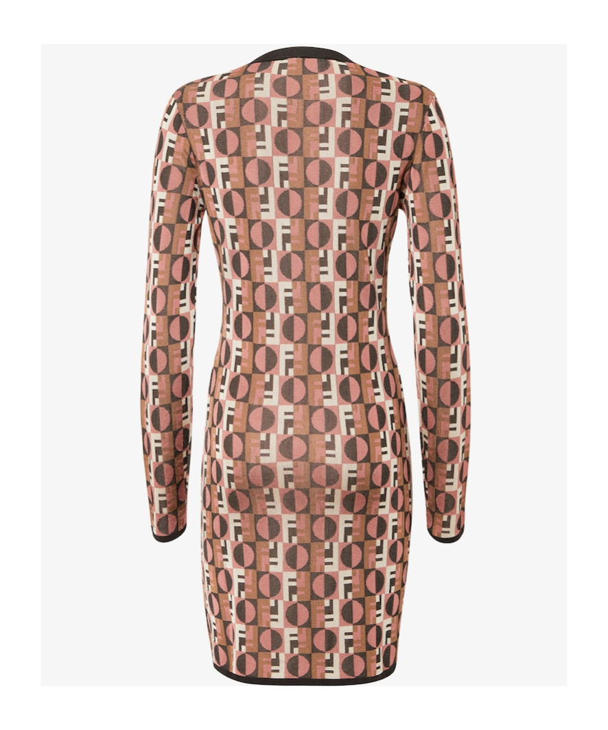 Fendi Shiny Jacquard Viscose Mini Dress With Geometric Pattern In Brown