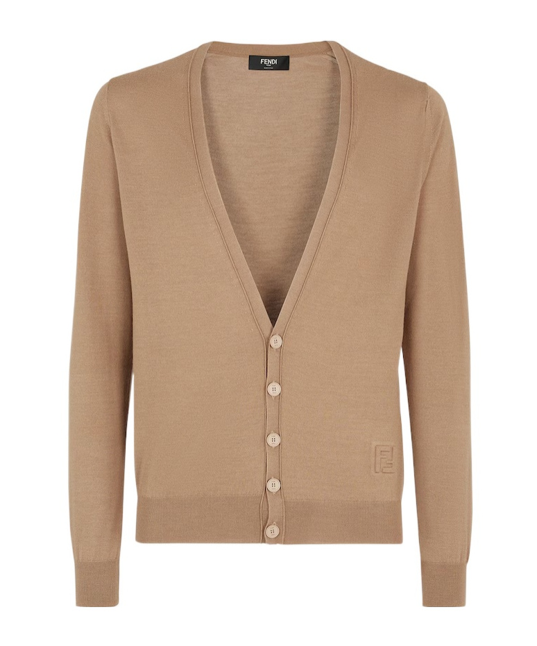 Fendi V-neck Wool Cardigan Ribbed Edges In Nude
