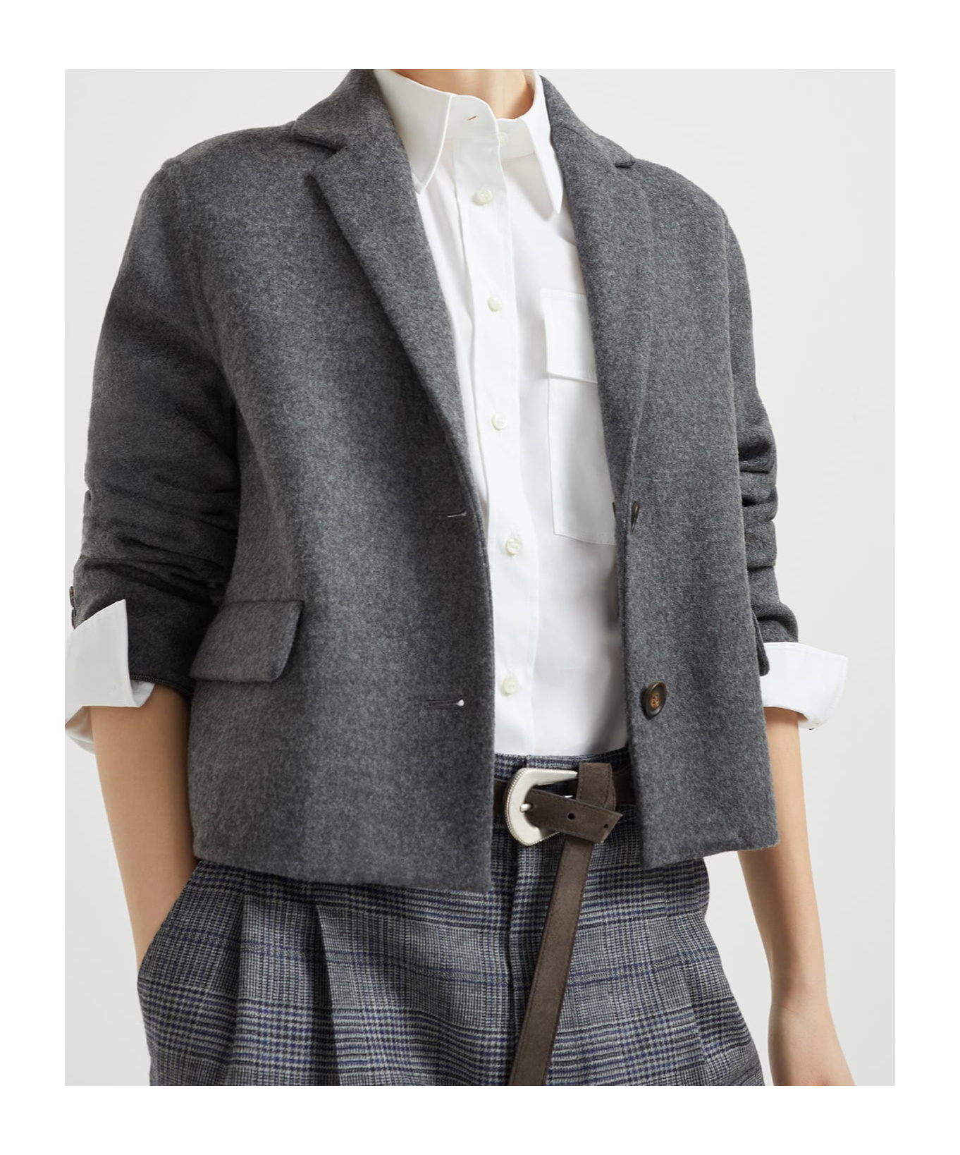Brunello Cucinelli Double Virgin Wool Cropped Blazer In Gray