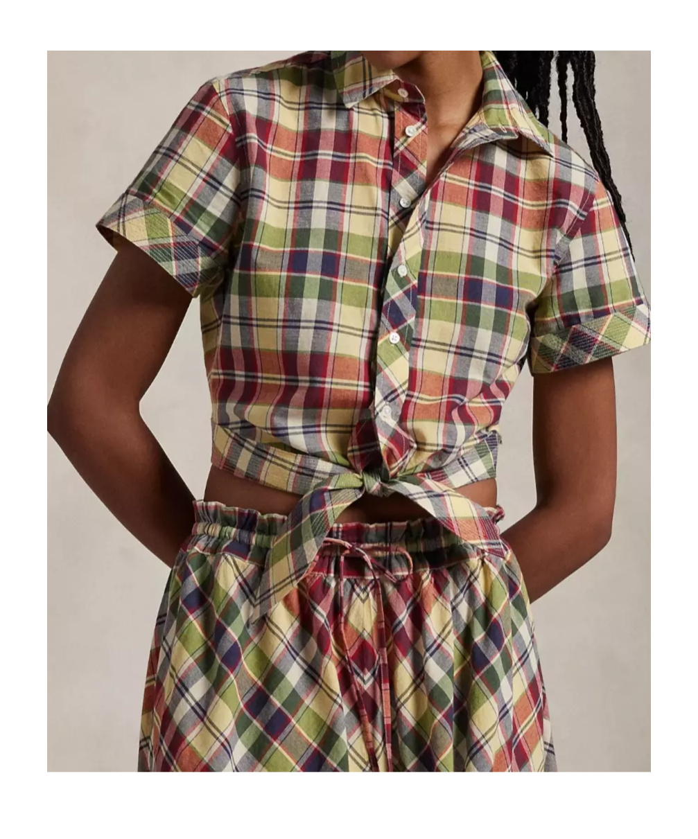 Shop Polo Ralph Lauren Cropped Plaid Tie-front Top In Multicolor