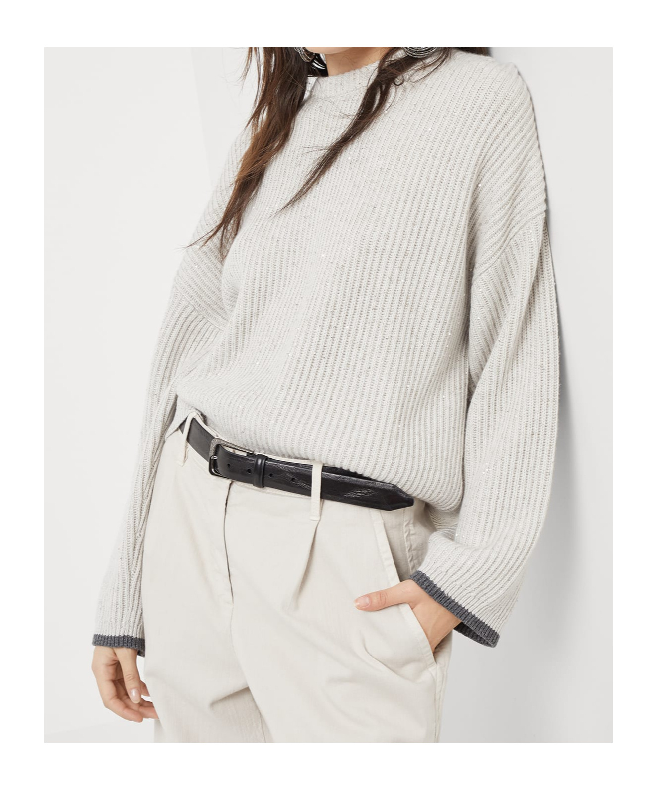 Brunello Cucinelli Shining British Ribbed Cashmere Silk Sweater In White