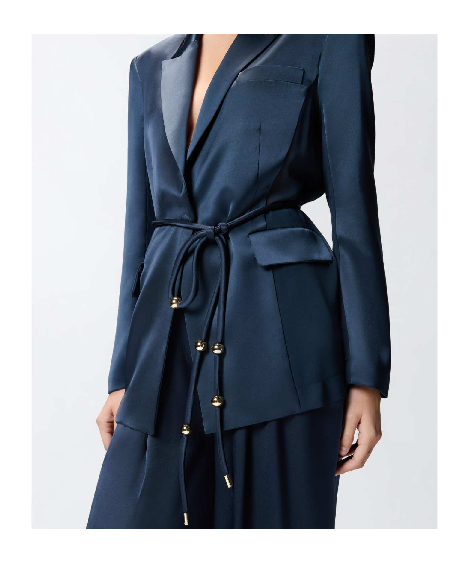 Pinko Glossy Satin Blazer With Belt And Sphere Accent In Blue