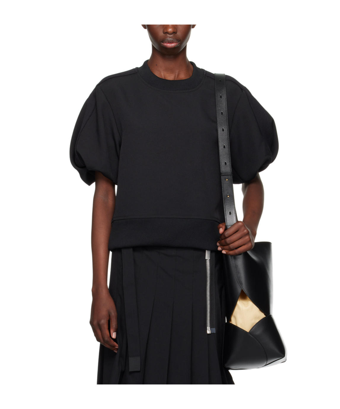 SACAI ROUND-COLLAR SHORT-SLEEVE SWEATER