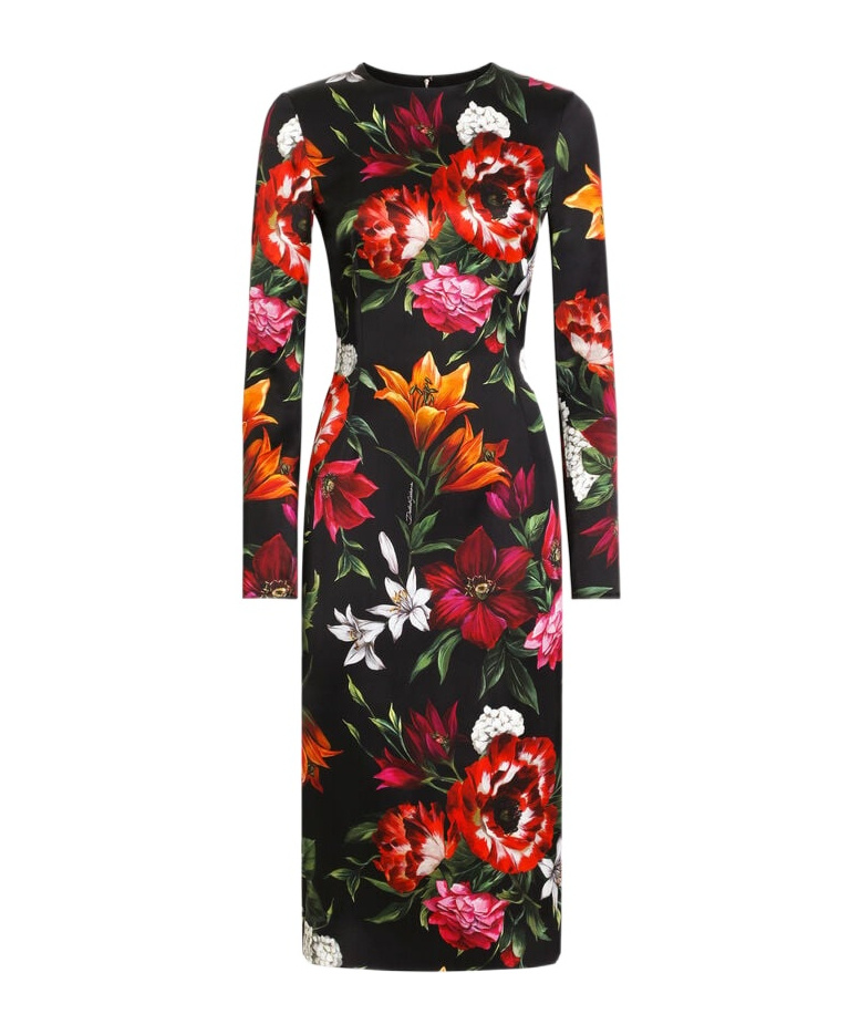 Dolce & Gabbana Flower Print Satin Midi Dress In Multi