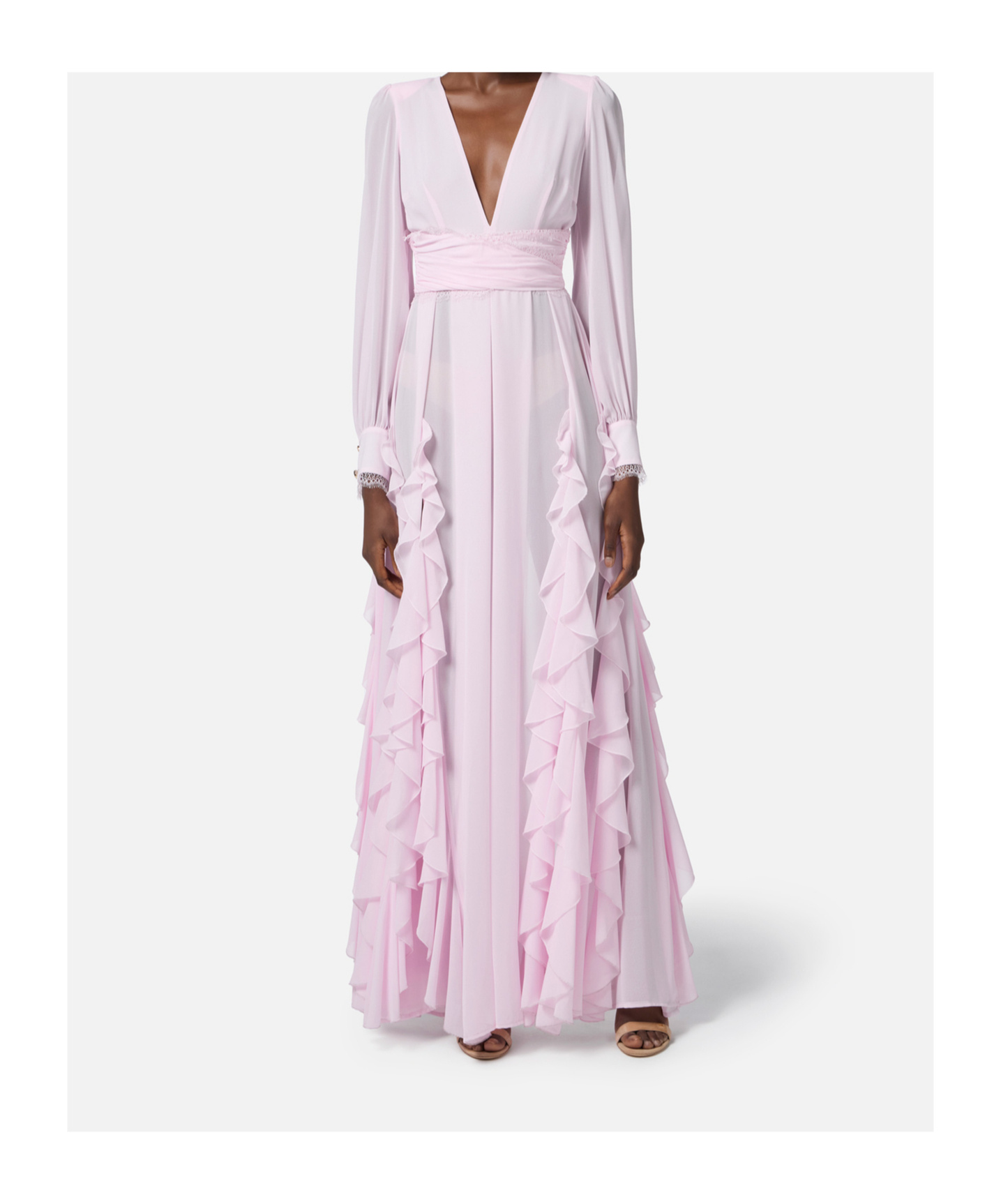 Elisabetta Franchi Red Carpet Dress In Georgette Fabric With Ruffles €590.00 In Quartz