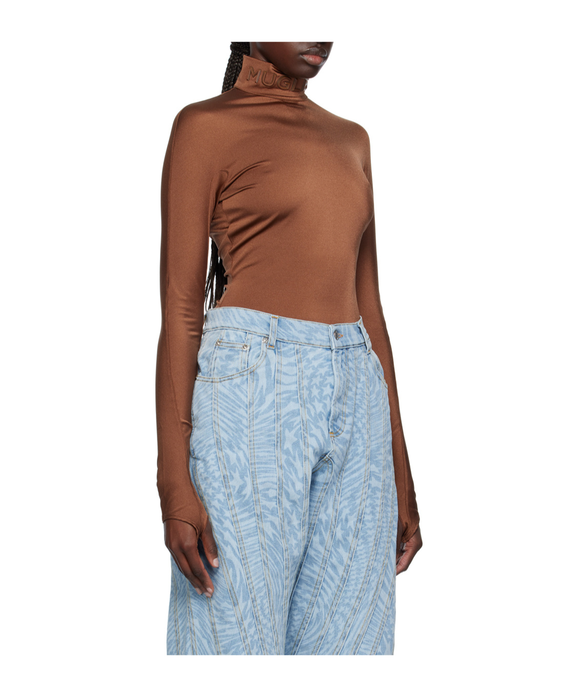Mugler Brown Mock Neck Bodysuit In Blue