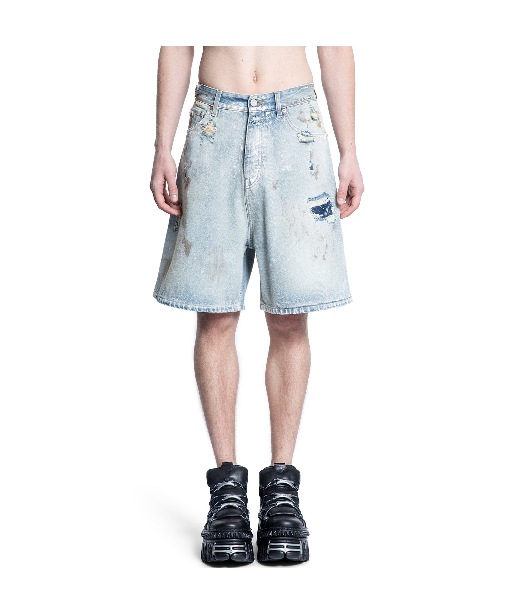 Vetements Blue Trashed Denim Shorts In White