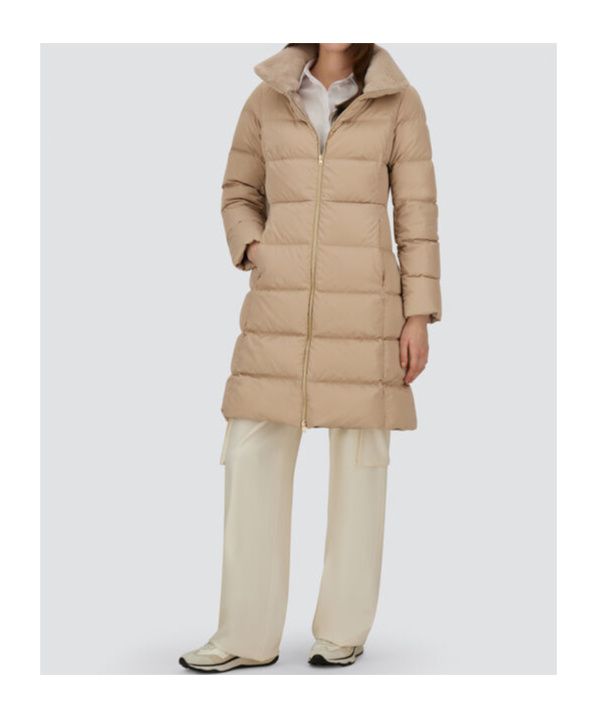 Herno Satin And Lady Alternative Fur Long Jacket In Neutral