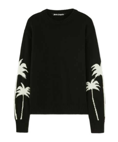 Palm Angels Black Sweater With Palms Motifs In Cotton And Wool Blend Man In Black