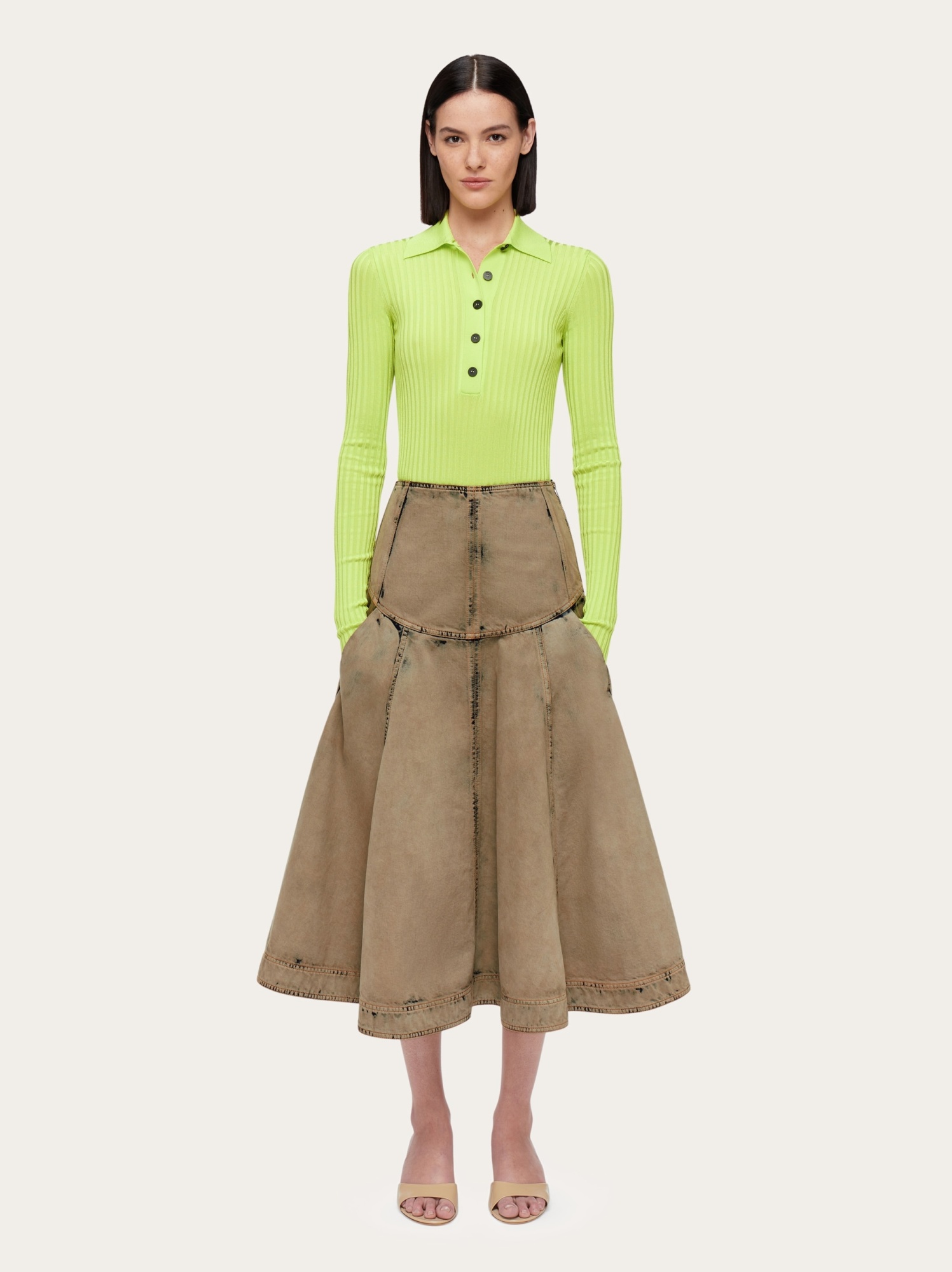 Ferragamo Flared Denim Skirt In Brown