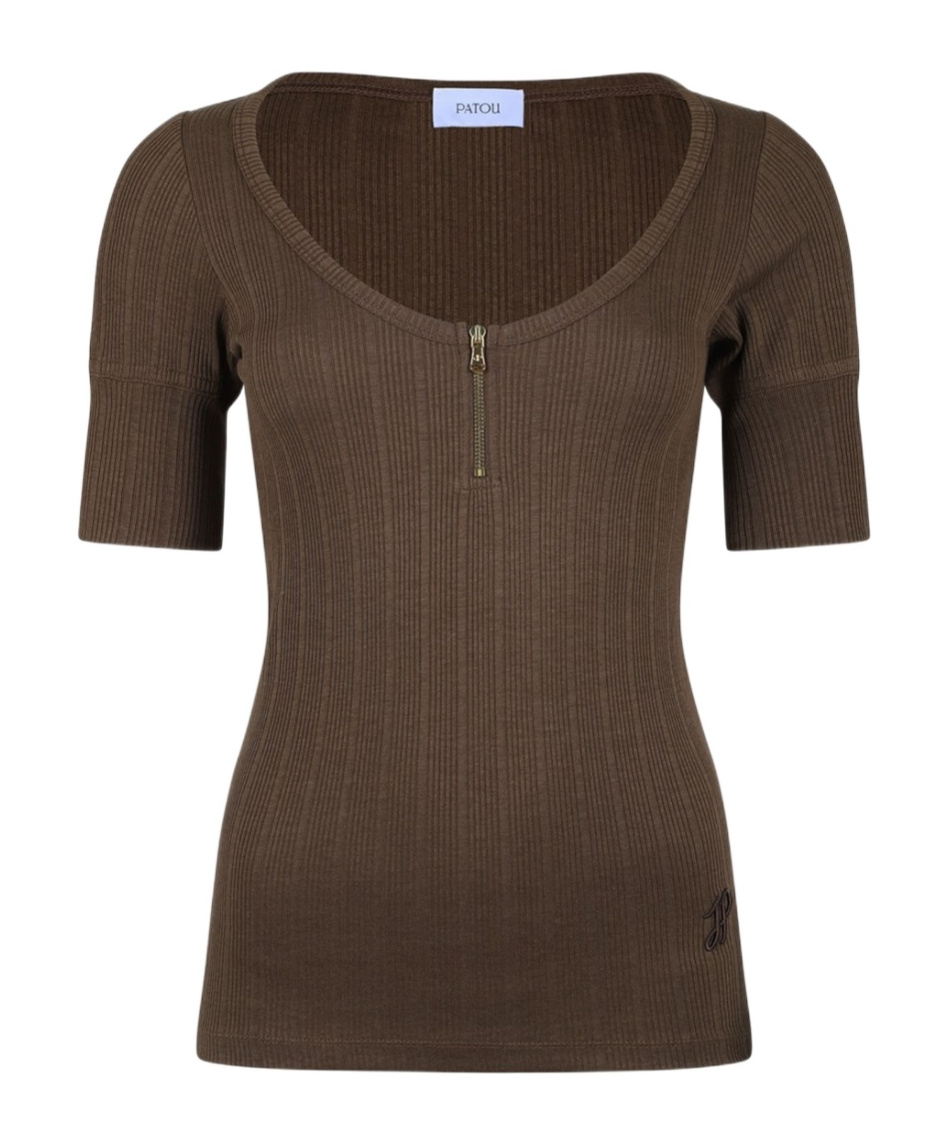 Shop Patou Scoop-neck Ribbed T-shirt In Brown