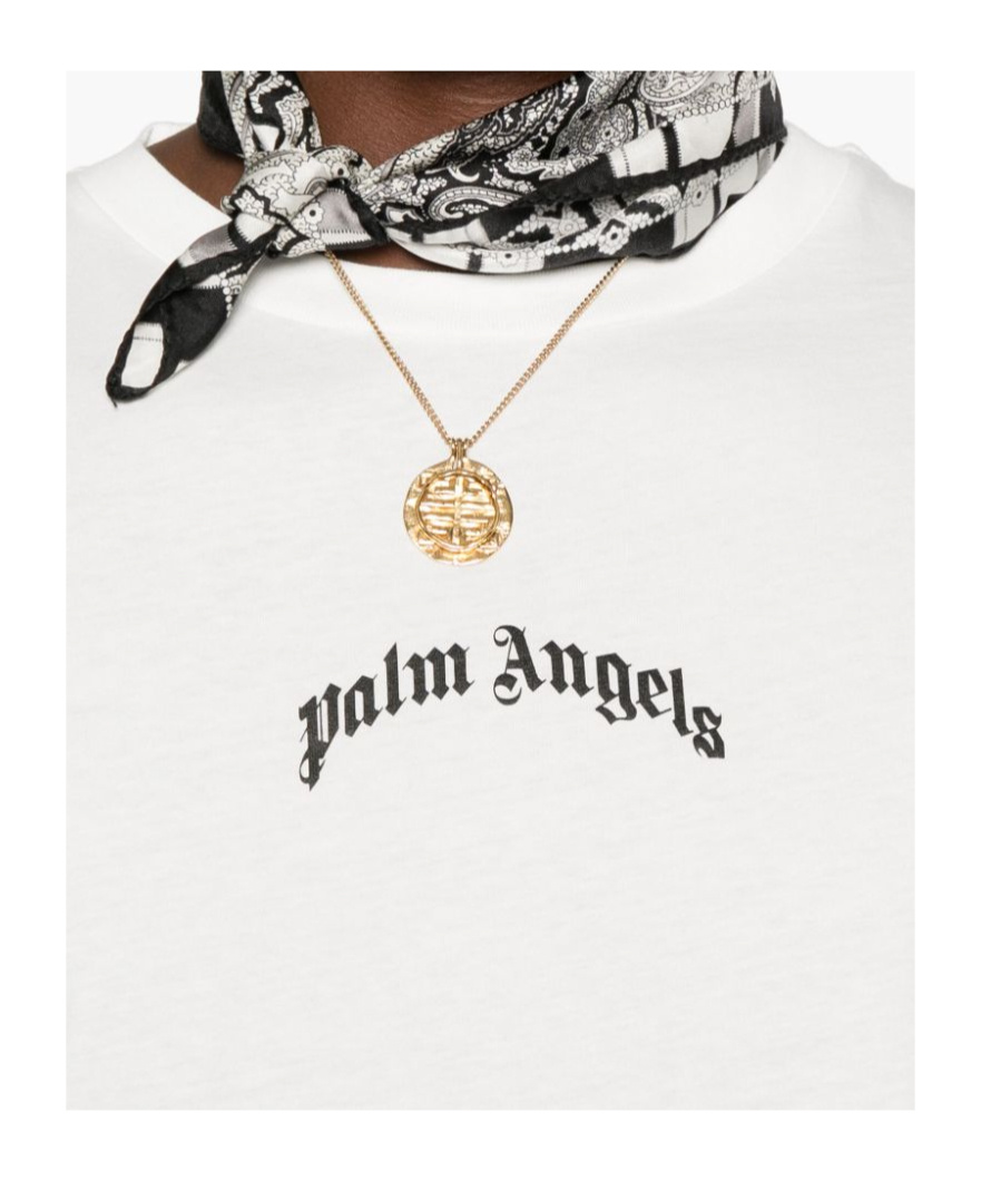 Palm Angels White Black Curved Logo T-shirt In White
