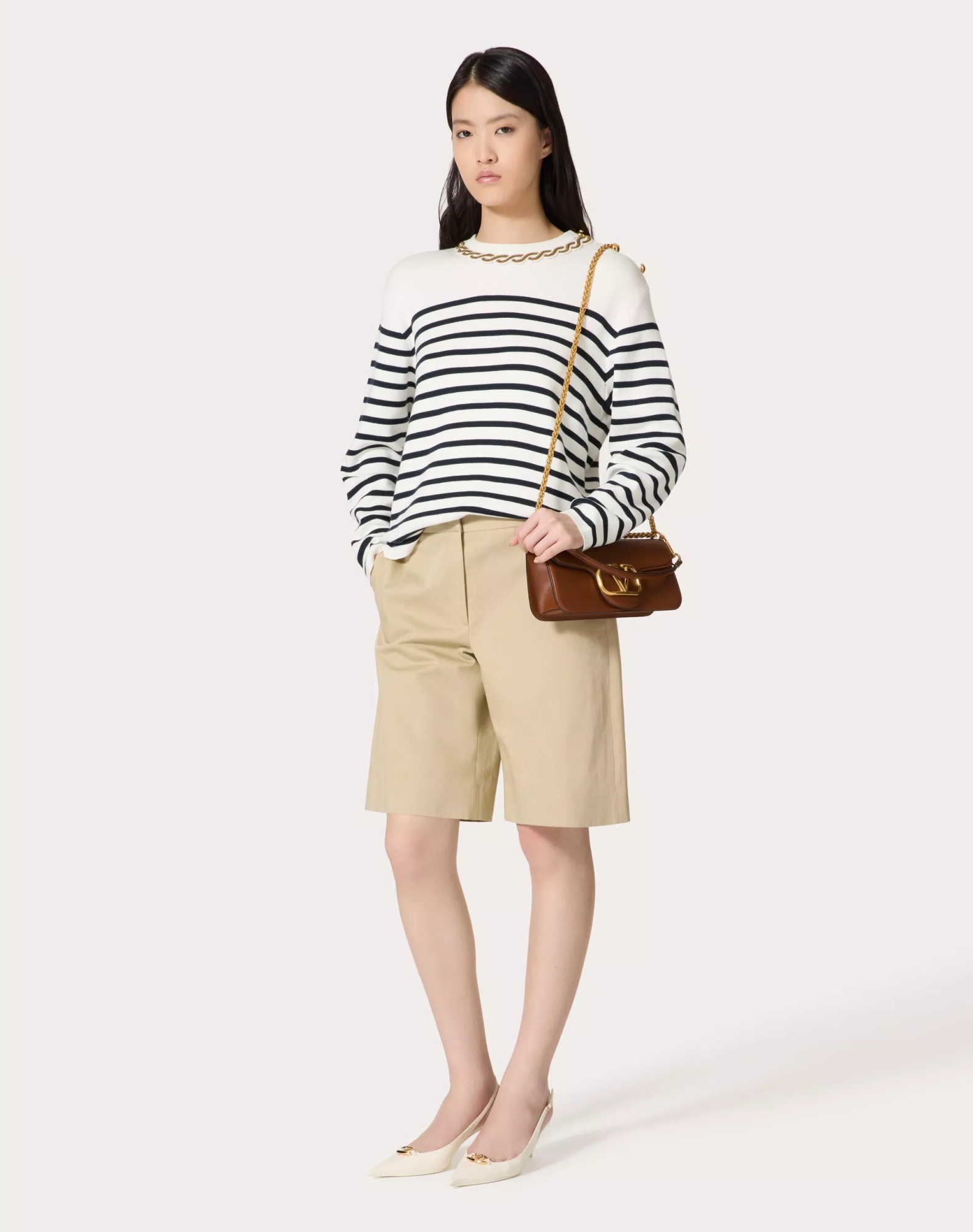 Valentino Embellished Striped Ribbed Cotton Sweater In White