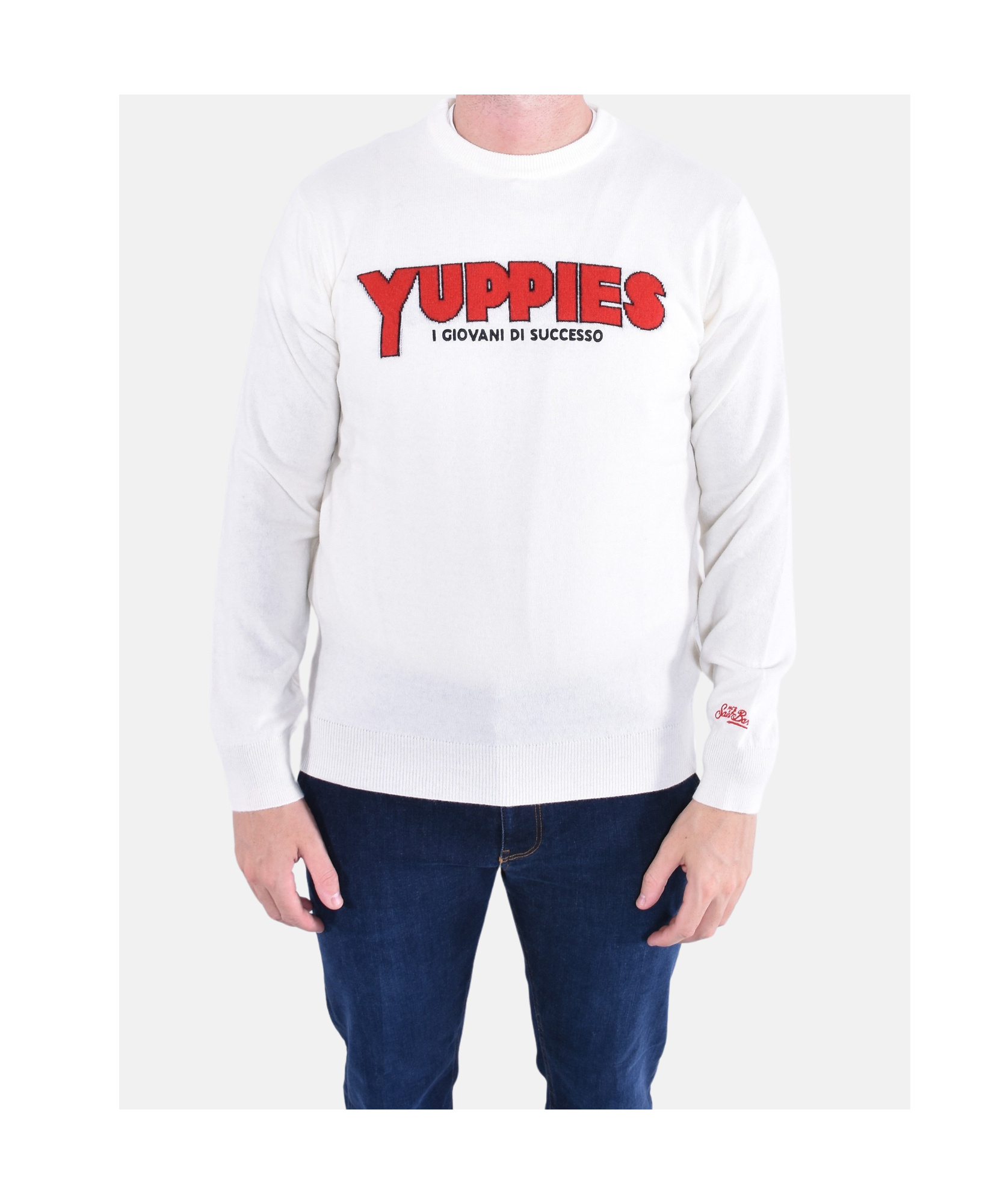 Mc2 Saint Barth Heron Light Sweater In White With Yuppies Jacquard And Embroidery In Brown