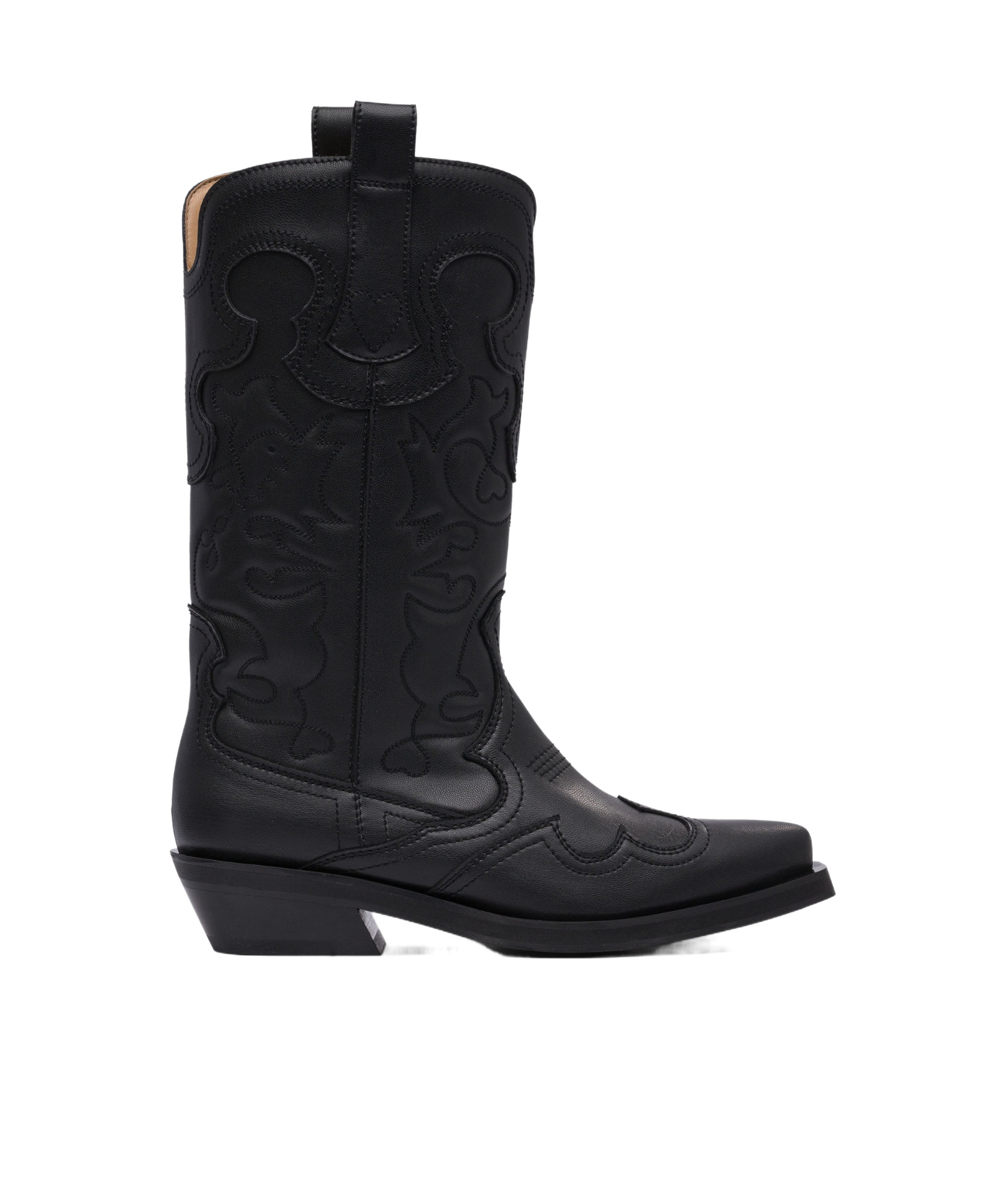 Ganni Black Mid Shaft Embroidered Western Boots In Black