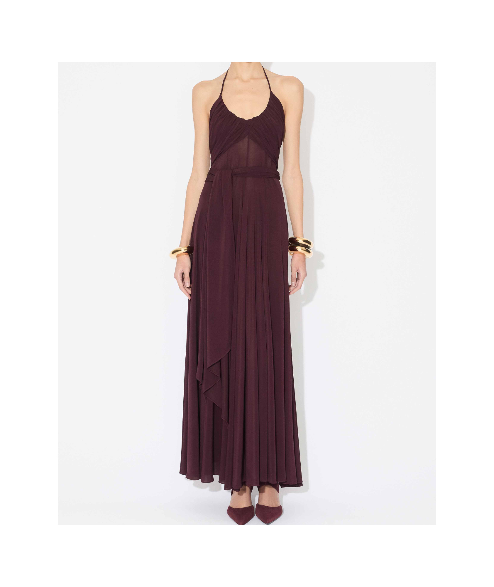 Alaïa Long Burgundy Draped Jersey Dress In Burgundy