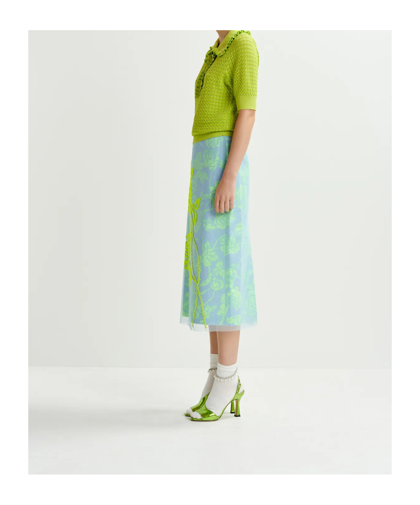 Essentiel Antwerp Light Blue And Mint Green Tule Midi Skirt With Sequin Floral Embroideries In Green