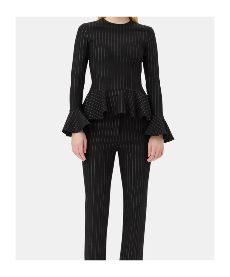 Ganni Pinstriped Peplum Blouse In Black