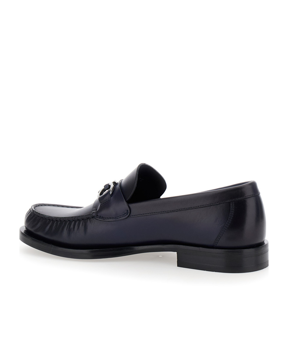 Ferragamo Men 'fort' Blue Slip-on Loafers With Gancini Detail In Brushed Leather Man In Black