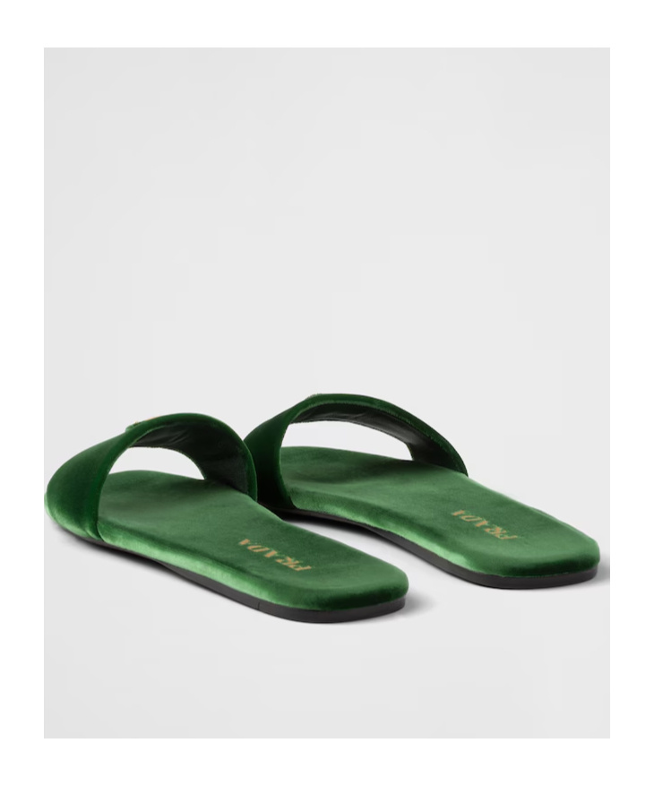 Prada Triangle-logo Velvet Slides In Green