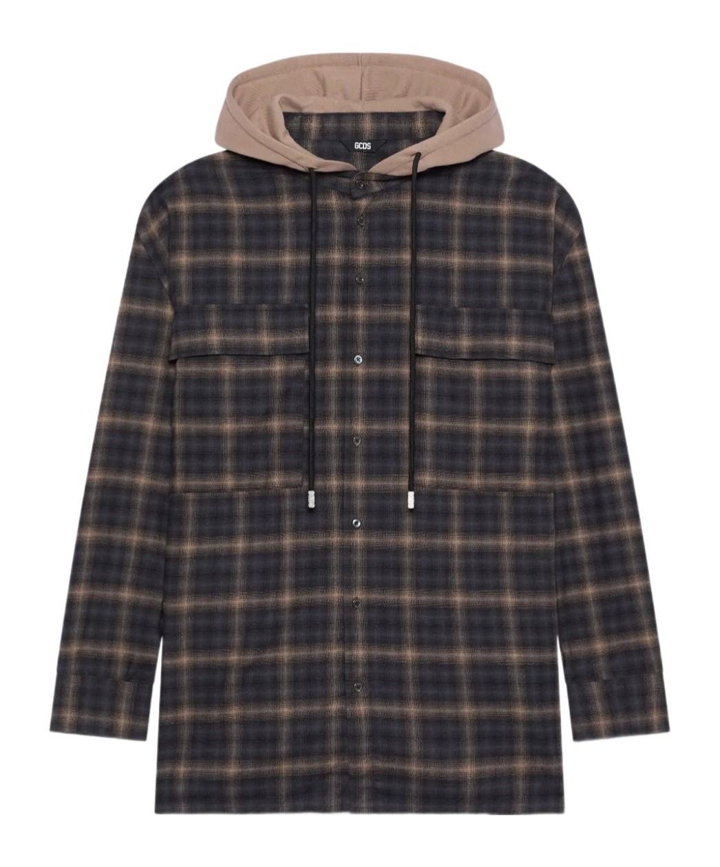 Gcds Plaid Hooded Shirt Chest Pockets Drawstring In Brown