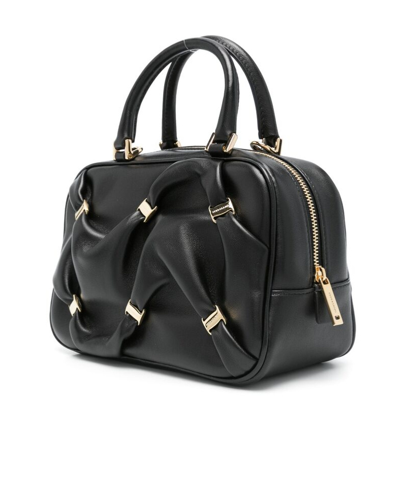 Ferragamo Leather Handbag With Draped Details Secured By Mini Vara Bows In Black