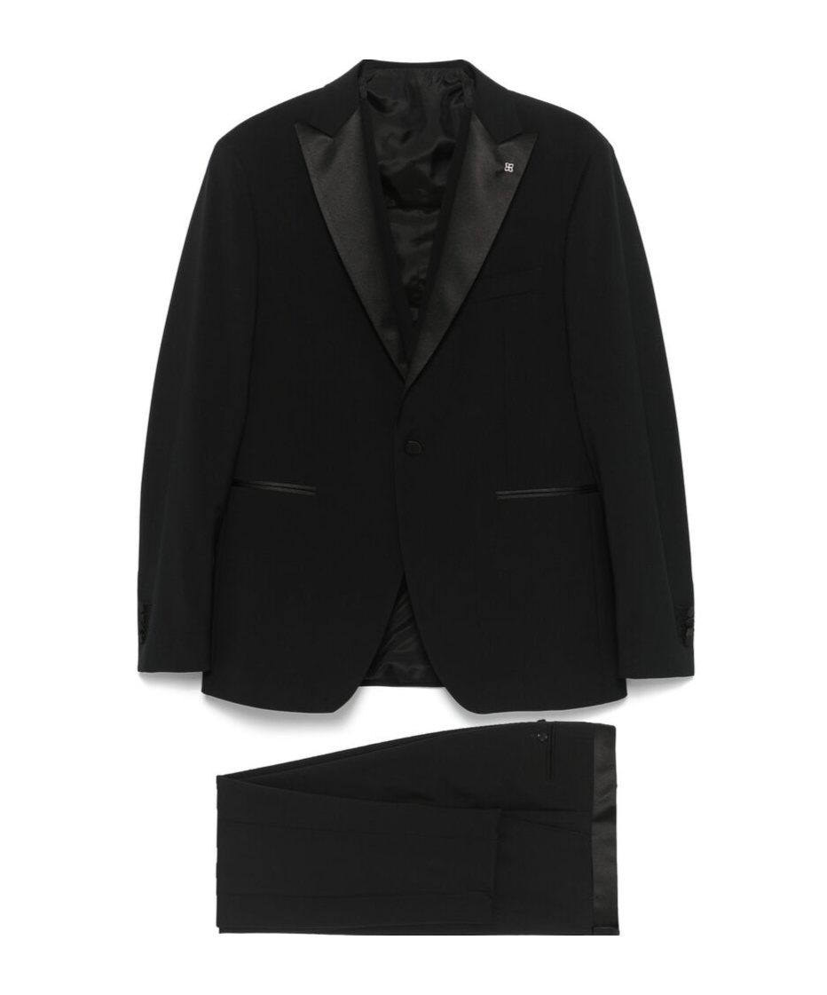 Tagliatore Blue Tailored Suit With Satin Lapel And Shoulders In Black