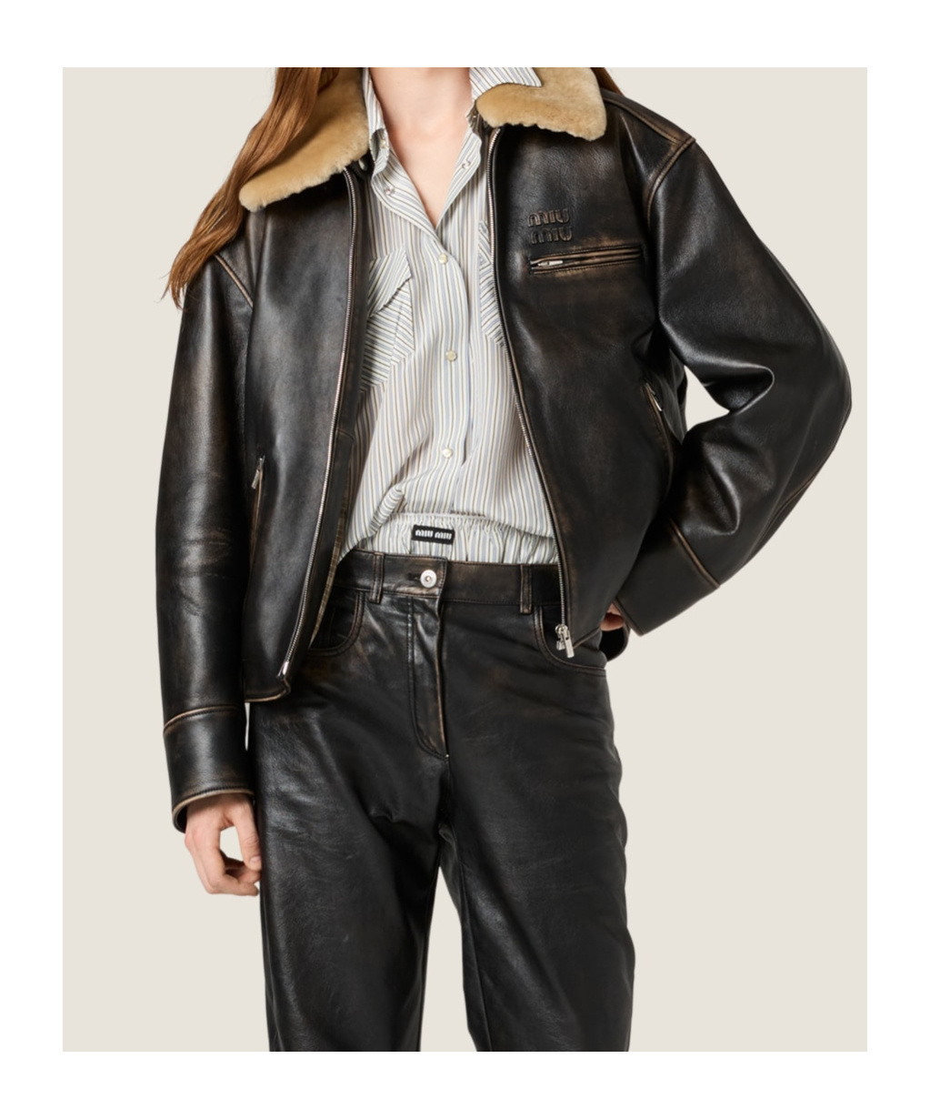 Miu Miu Lamb Shearling Collar Leather Jacket In Black