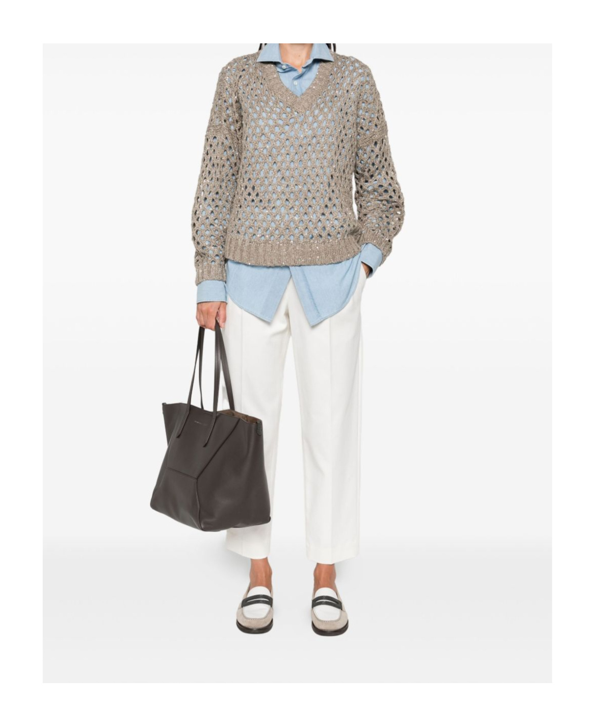 Brunello Cucinelli Sequin Embellished V-neck Knit Sweater In Brown