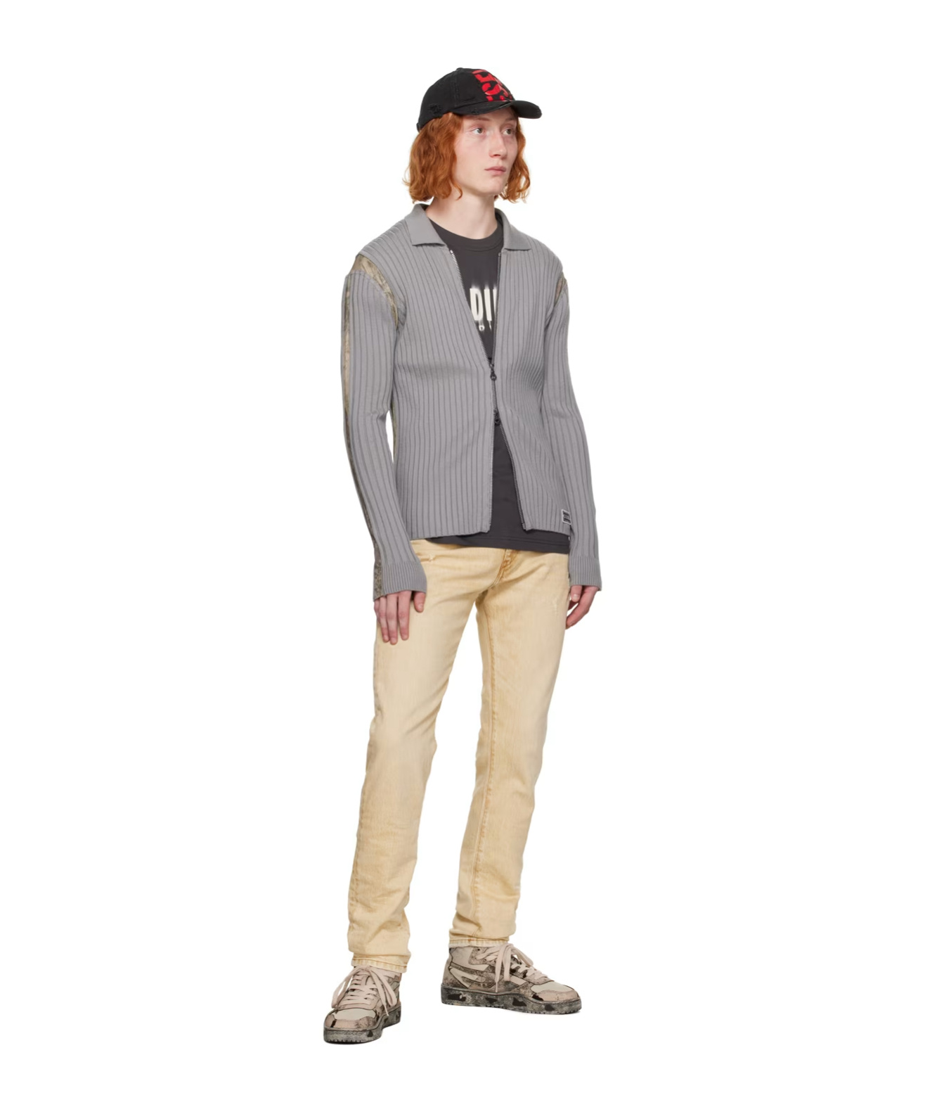 Diesel Ribbed-knit Zipped Cardigan In Gray