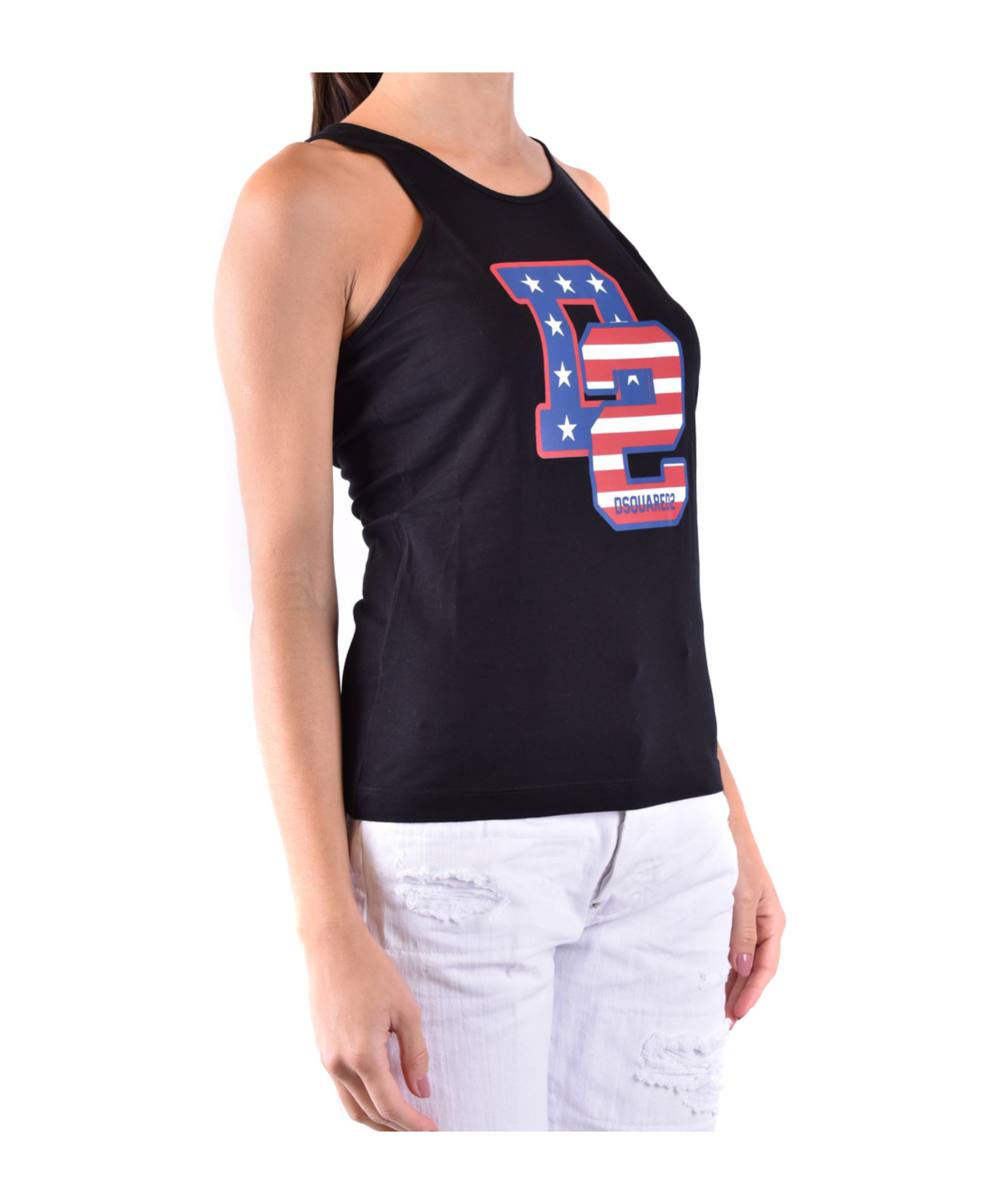 Dsquared2 Fitted Graphic Racerback Round Sleeveless Top In Black