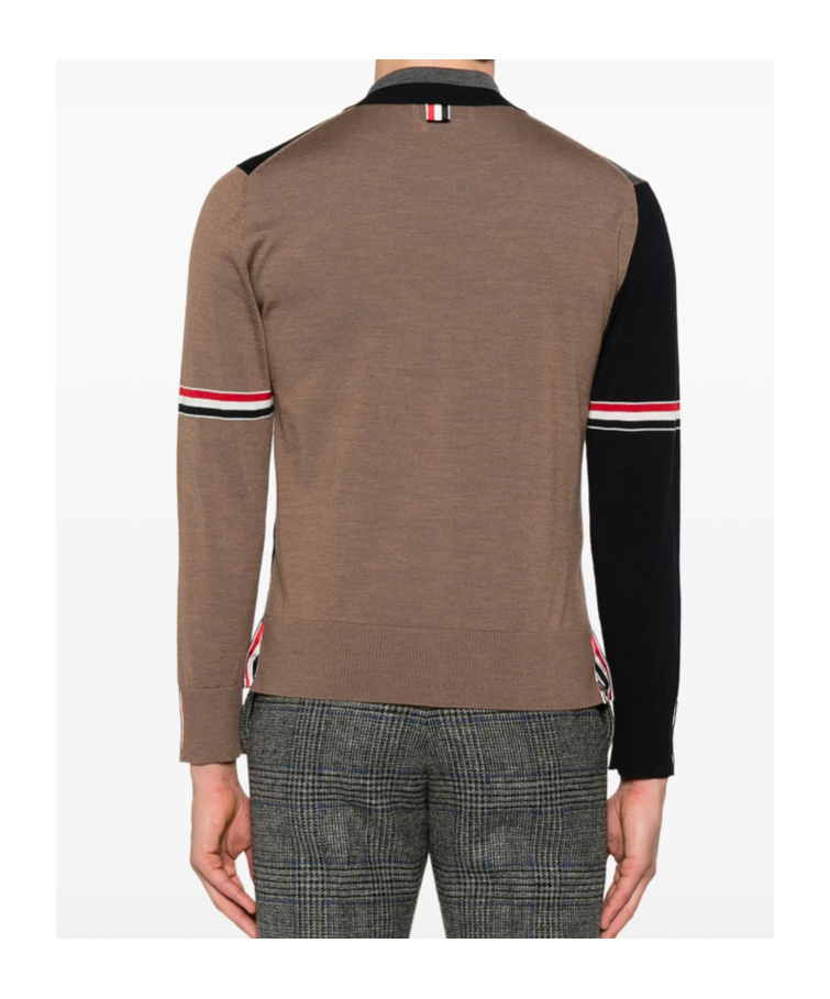 Thom Browne Navy/grey/brown Wool Cardigan In Black