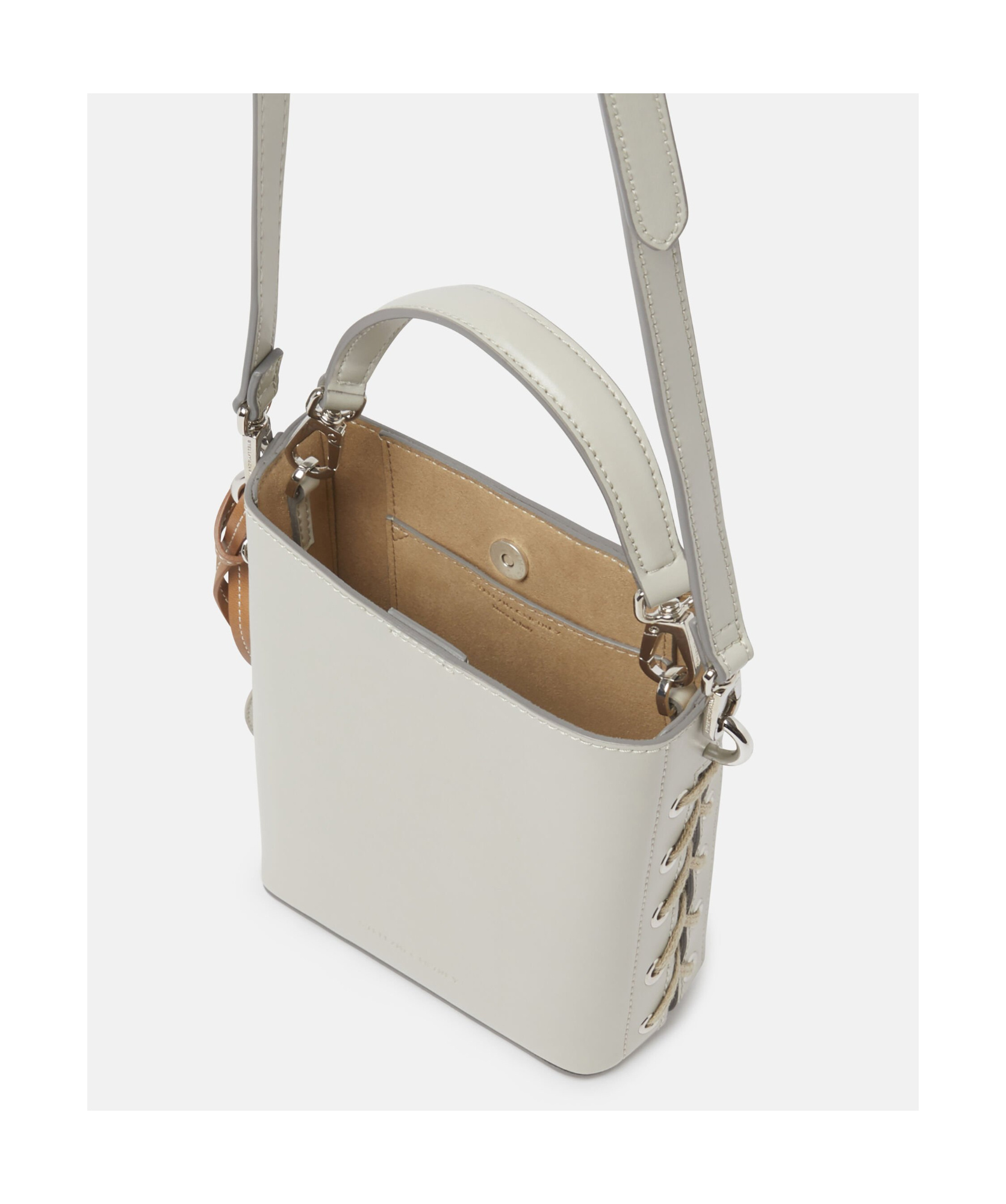 Stella Mccartney Frayme Logo-charm Bucket Bag In White