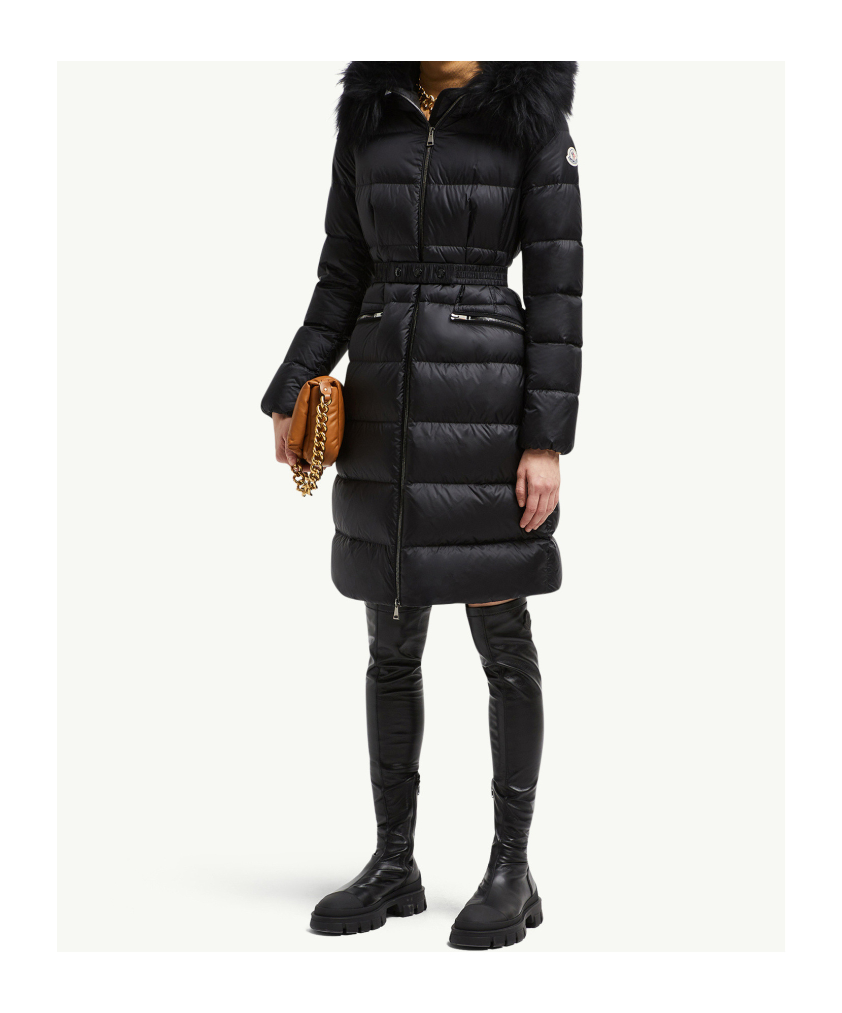 Moncler Doudoune Longue À Capuche Bordée De Shearling Boedic In Black