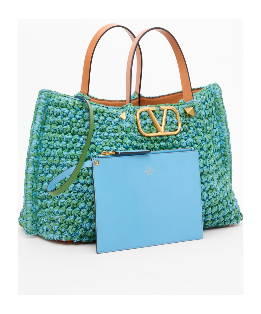 Shop Valentino Medium Shopping Bag In Synthetic Raffia Crochet In Green