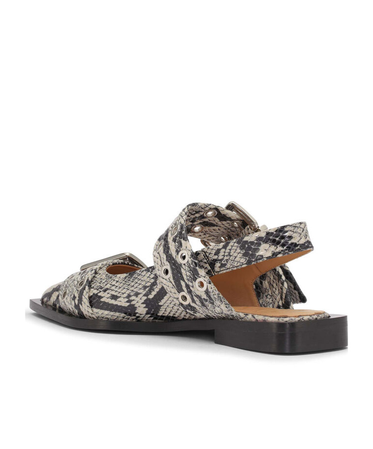 Ganni Buckled Eyelet-embellished Snake-effect Recycled Faux Patent-leather Ballet Flats In Black