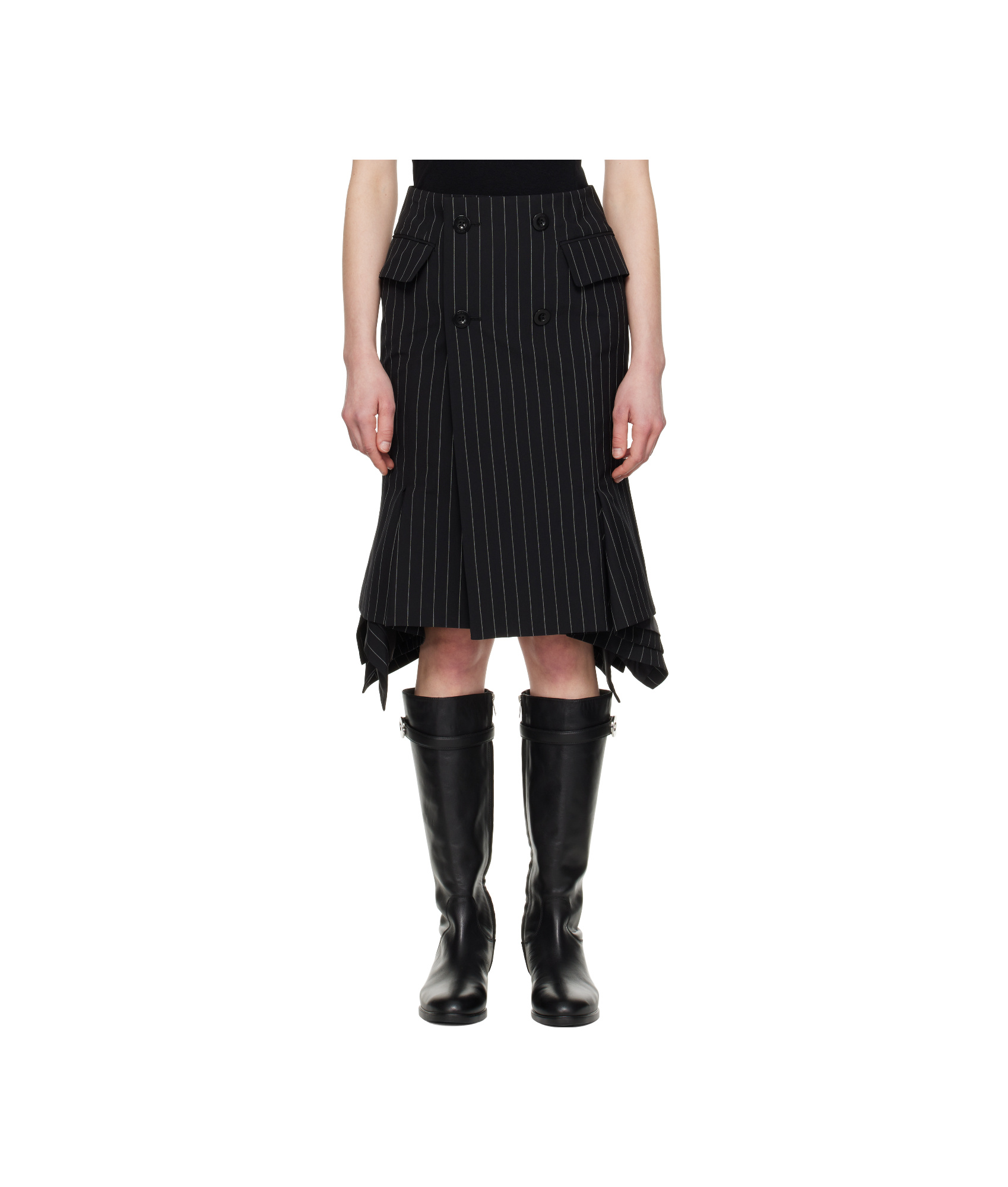 Sacai Black Wool Silk Suiting Midi Skirt In Black