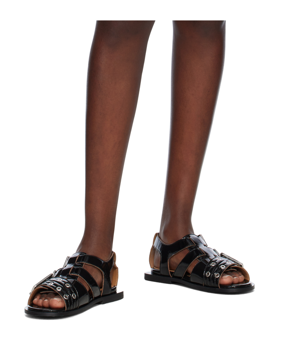 Ganni Buckle Sandals With Flat Sole And Metal Eyelets In Black