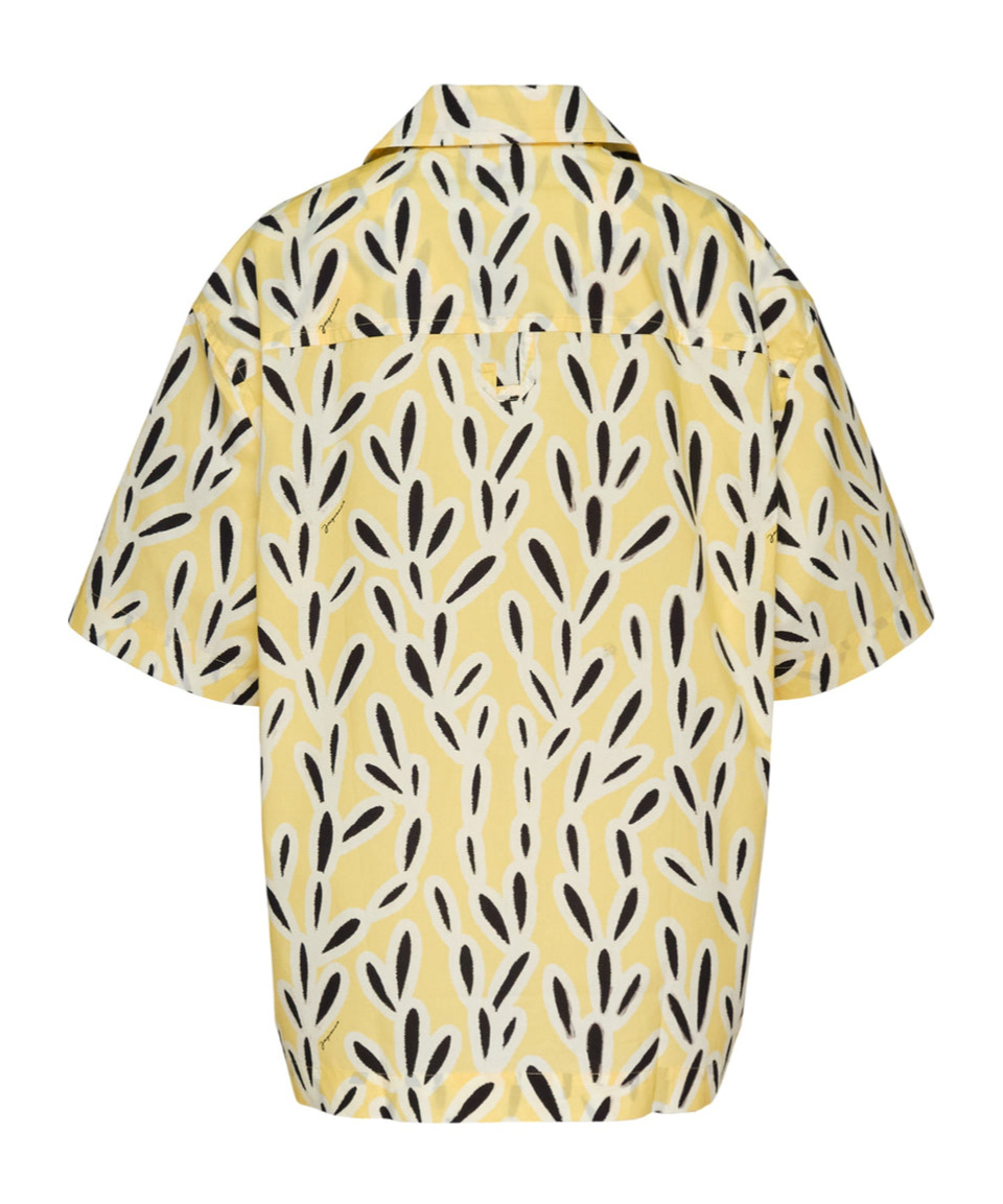Jacquemus Yellow Cotton Jean Shirt With Playful Leaf Pattern In Nude
