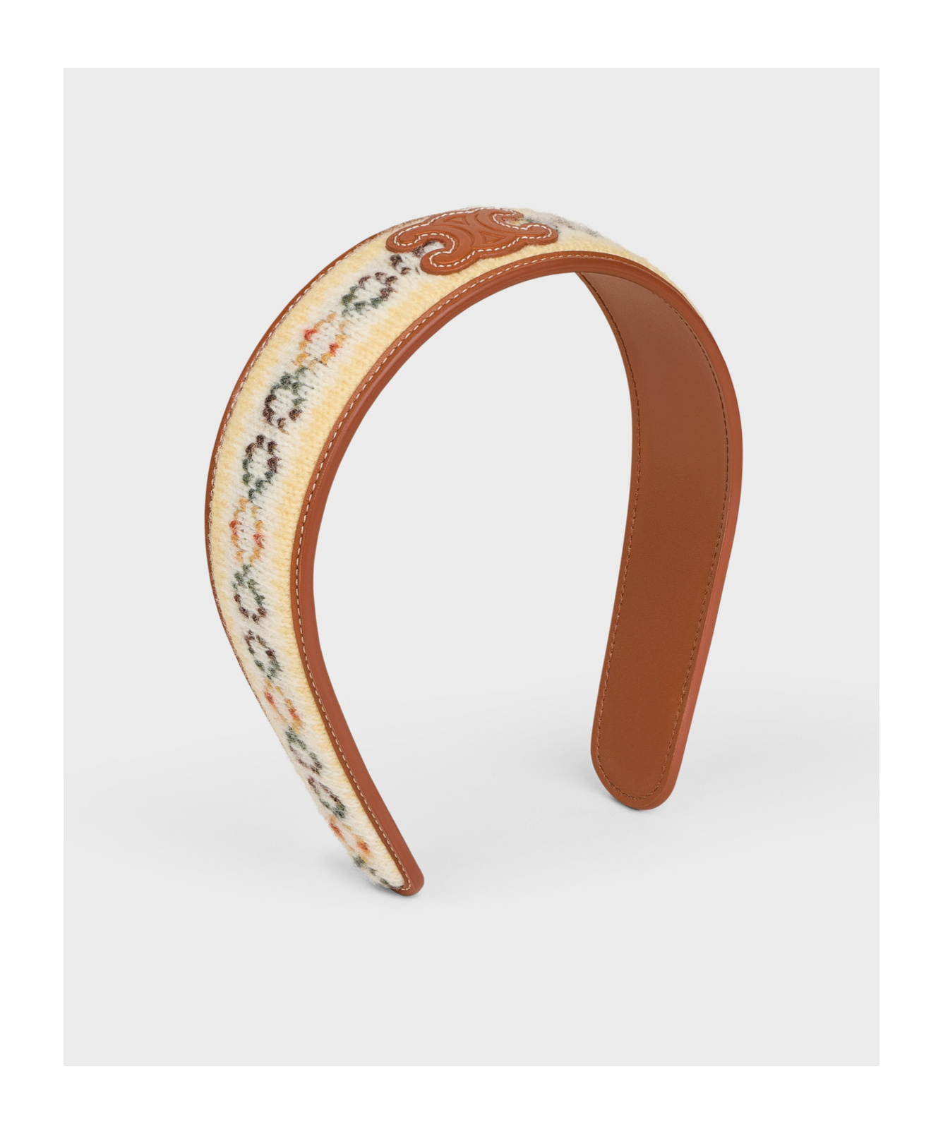 Shop Celine Triomphe Fair Isle Headband In Wool And Calfskin In Yellow/tan